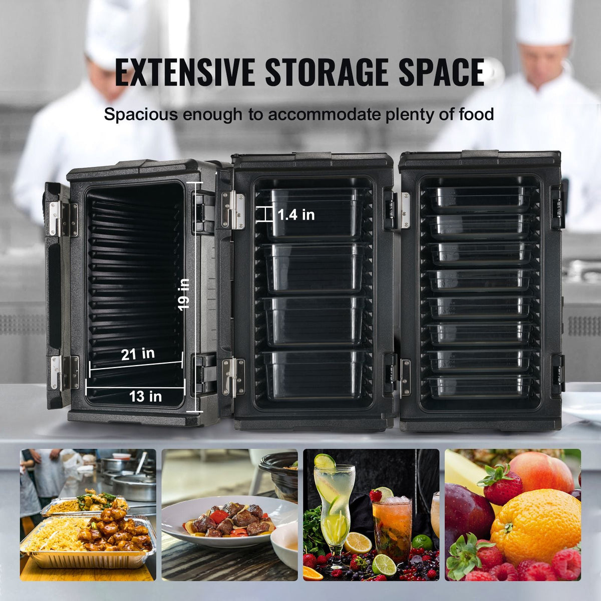 Insulated Food Pan Carrier, 109 Qt Hot Box for Catering, LLDPE Food Box Carrier w/Double Buckles, Front Loading Food Warmer w/Handles, End Loader w/Wheels for Restaurant, Canteen, etc. Black