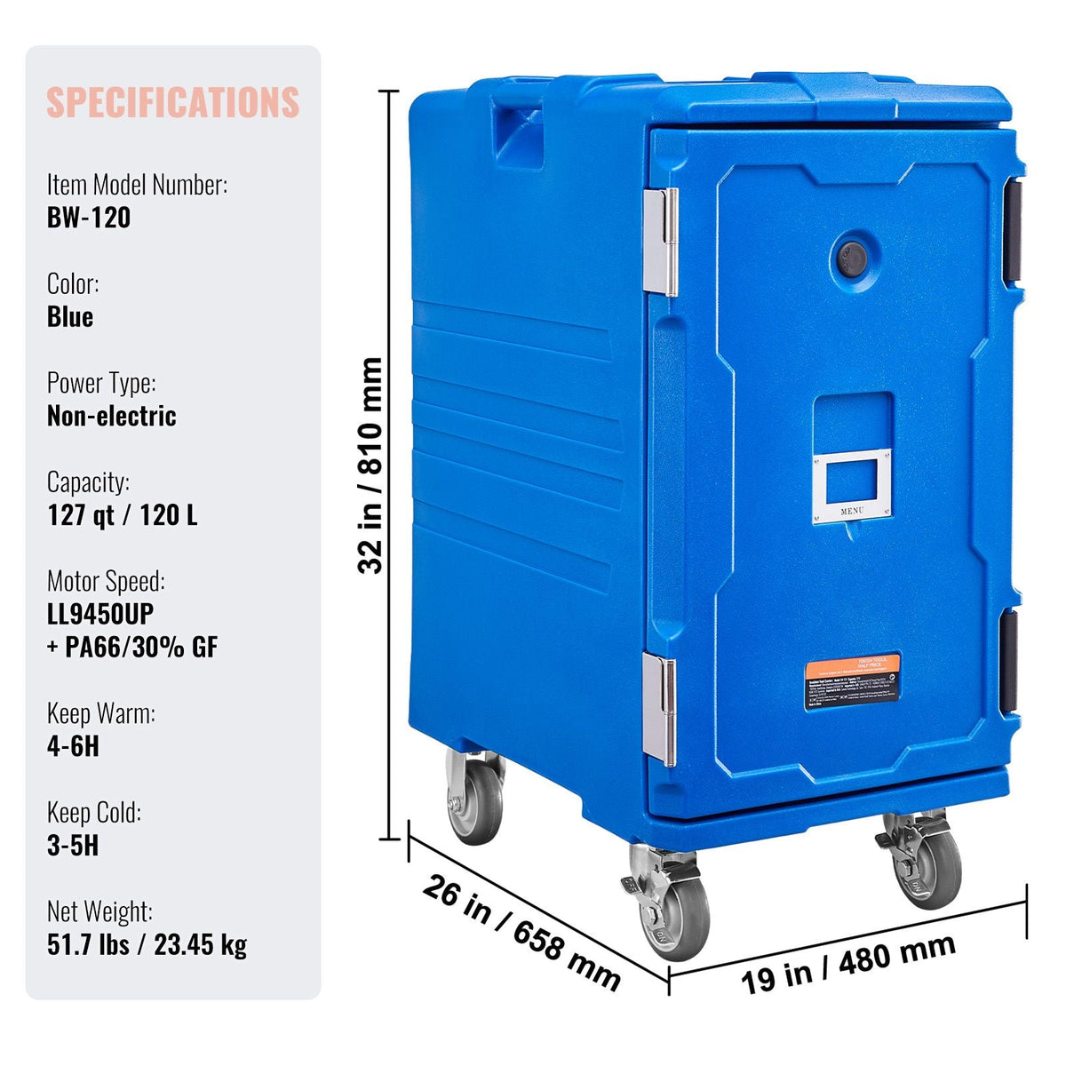 Insulated Food Pan Carrier, 127 Qt Hot Box for Catering, Food Box Carrier with Double Buckles, Front Loading Food Warmer with Handles, End Loader with Wheels for Restaurant, Canteen