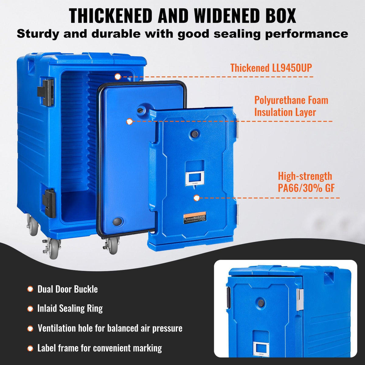 Insulated Food Pan Carrier, 127 Qt Hot Box for Catering, Food Box Carrier with Double Buckles, Front Loading Food Warmer with Handles, End Loader with Wheels for Restaurant, Canteen