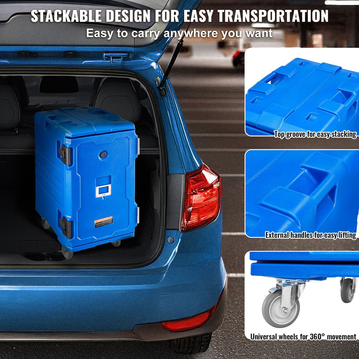 Insulated Food Pan Carrier, 127 Qt Hot Box for Catering, Food Box Carrier with Double Buckles, Front Loading Food Warmer with Handles, End Loader with Wheels for Restaurant, Canteen