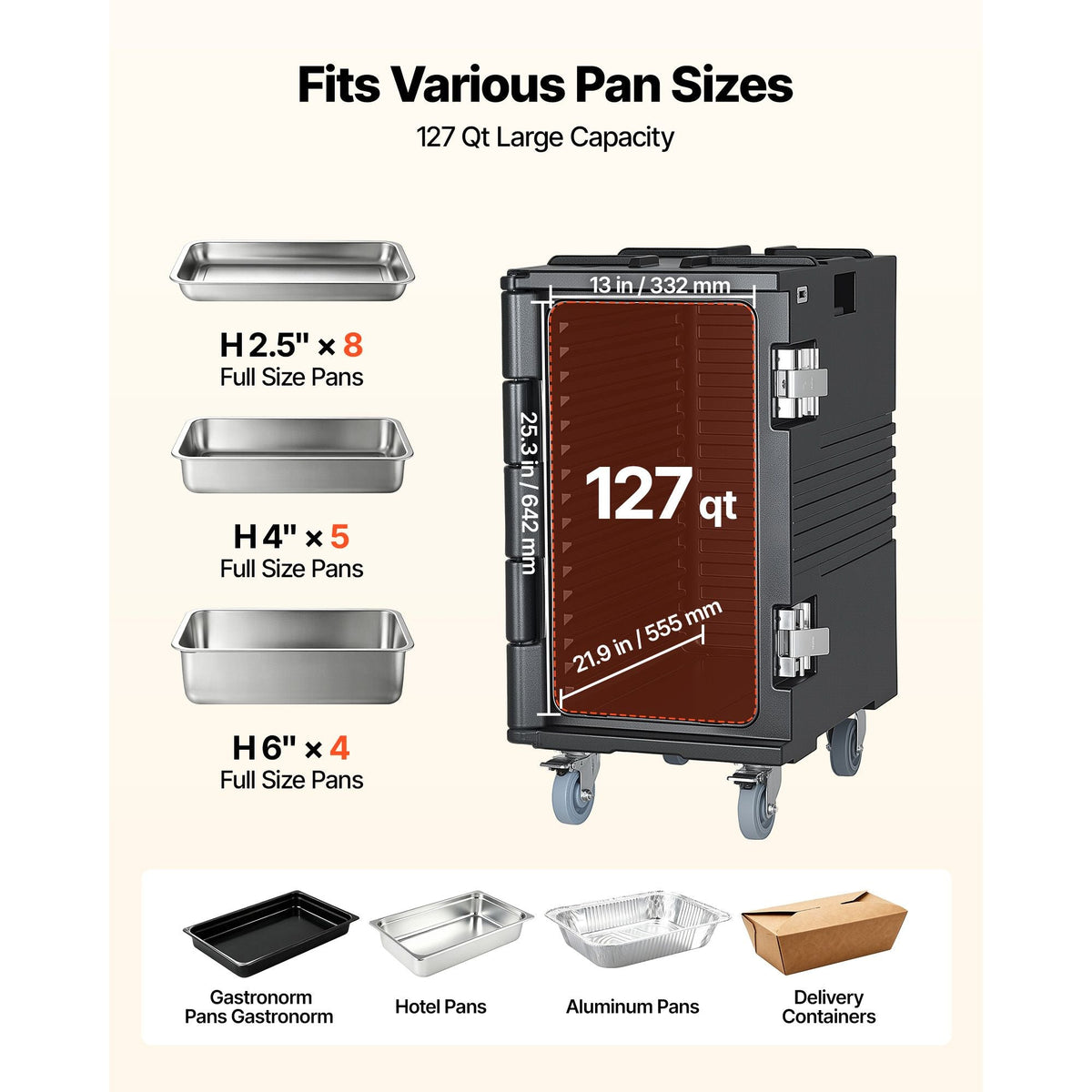 Insulated Food Pan Carrier, 127 Qt Non-Electrical Food Warmer, with Swivel Wheel & 304 Stainless Steel Latch, LLDPE Stackable Hot Box, for Various Pan Sizes(NOT Included), Fit Catering BBQ Event