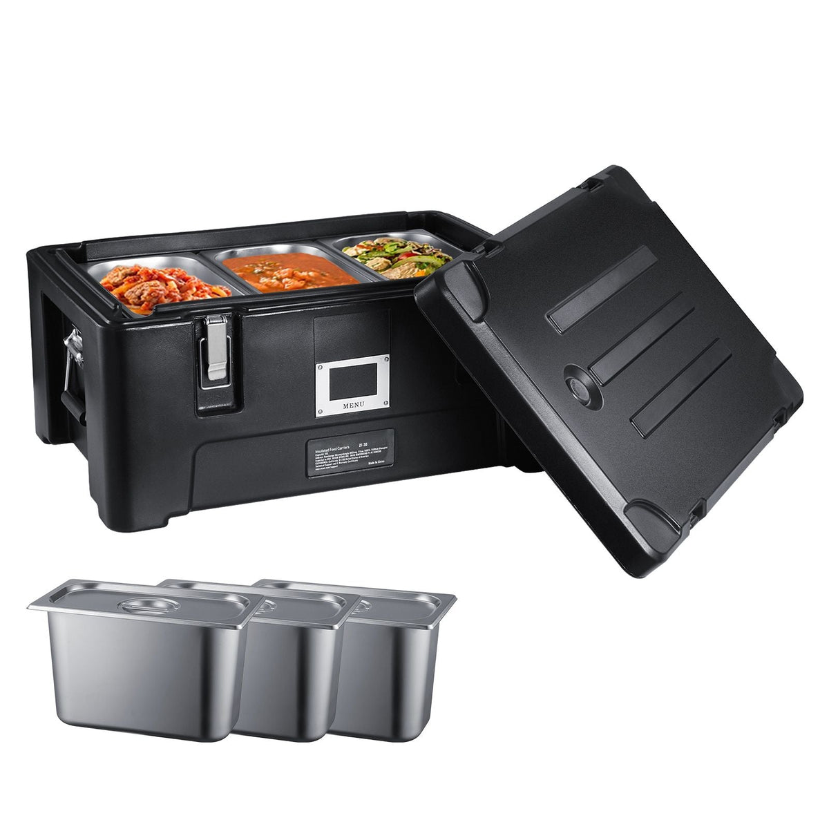 Insulated Food Pan Carrier, 36Qt Capacity, Stackable Catering Hot Box with 3 Stainless Steel Pans, Top Load LLDPE Food Warmer with Elastic Side Handles and Buckles, for Restaurant Canteen, Black