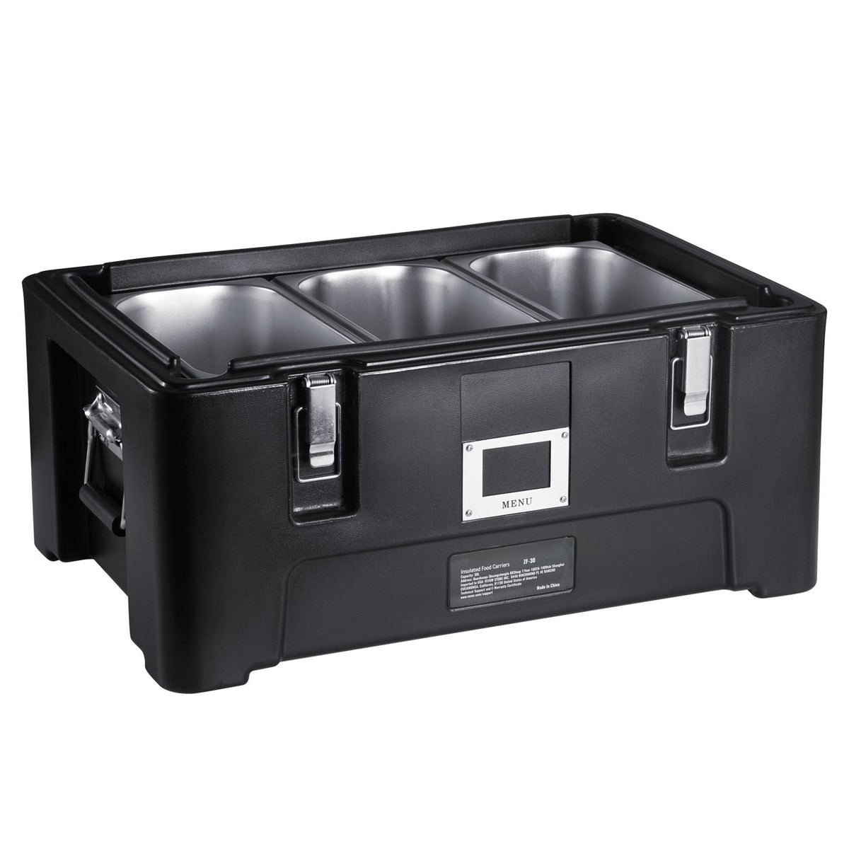 Insulated Food Pan Carrier, 36Qt Capacity, Stackable Catering Hot Box with 3 Stainless Steel Pans, Top Load LLDPE Food Warmer with Elastic Side Handles and Buckles, for Restaurant Canteen, Black