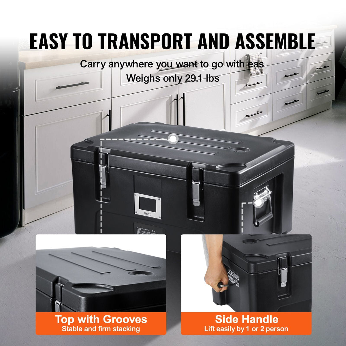Insulated Food Pan Carrier, 36Qt Capacity, Stackable Catering Hot Box with 3 Stainless Steel Pans, Top Load LLDPE Food Warmer with Elastic Side Handles and Buckles, for Restaurant Canteen, Black