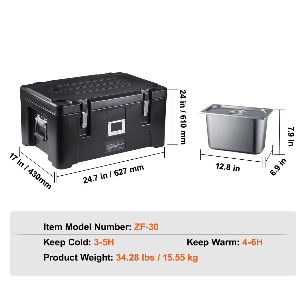 Insulated Food Pan Carrier, 36Qt Capacity, Stackable Catering Hot Box with 3 Stainless Steel Pans, Top Load LLDPE Food Warmer with Elastic Side Handles and Buckles, for Restaurant Canteen, Black