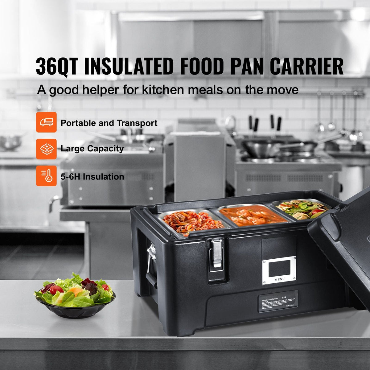 Insulated Food Pan Carrier, 36Qt Capacity, Stackable Catering Hot Box with 3 Stainless Steel Pans, Top Load LLDPE Food Warmer with Elastic Side Handles and Buckles, for Restaurant Canteen, Black