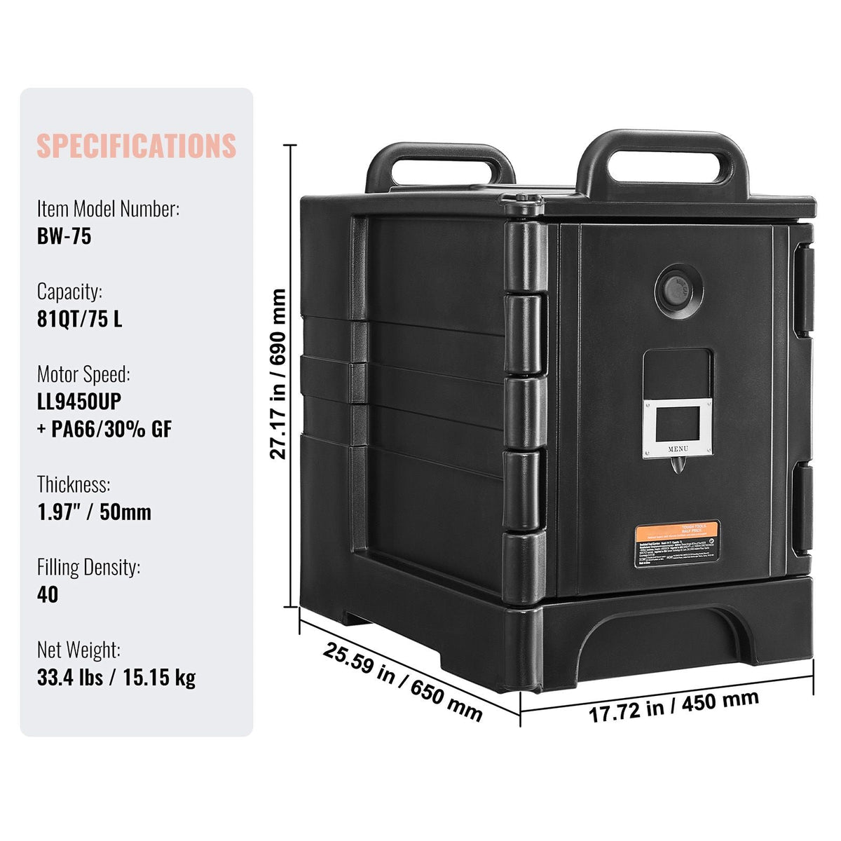Insulated Food Pan Carrier, 81 Qt Hot Box for Catering, Food Box Carrier with Double Buckles, Front Loading Food Warmer with Handles, Stackable End Loader for Restaurant, Canteen