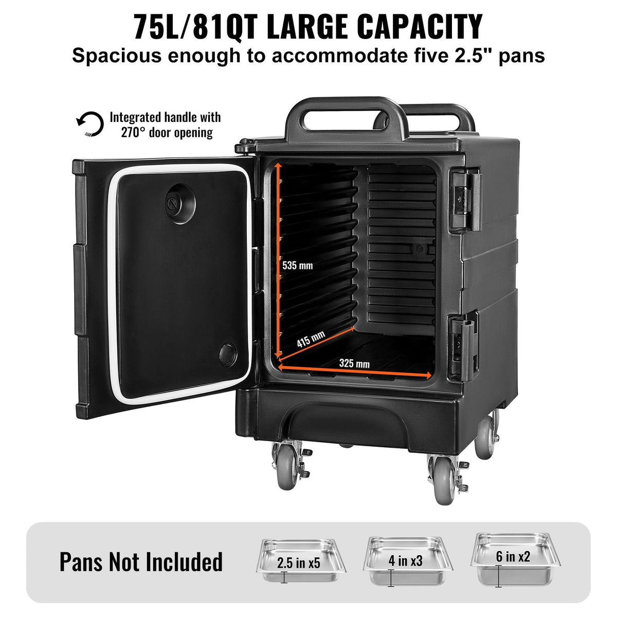 Insulated Food Pan Carrier, 81 Qt Hot Box for Catering, Food Box Carrier with Double Buckles, Front Loading Food Warmer with Handles, Stackable End Loader with Wheels for Restaurant, Canteen