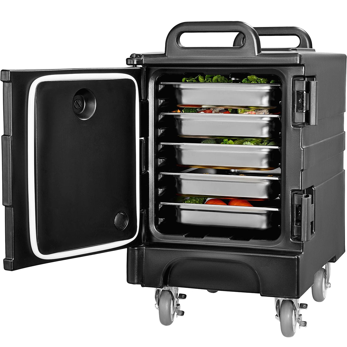 Insulated Food Pan Carrier, 81 Qt Hot Box for Catering, Food Box Carrier with Double Buckles, Front Loading Food Warmer with Handles, Stackable End Loader with Wheels for Restaurant, Canteen