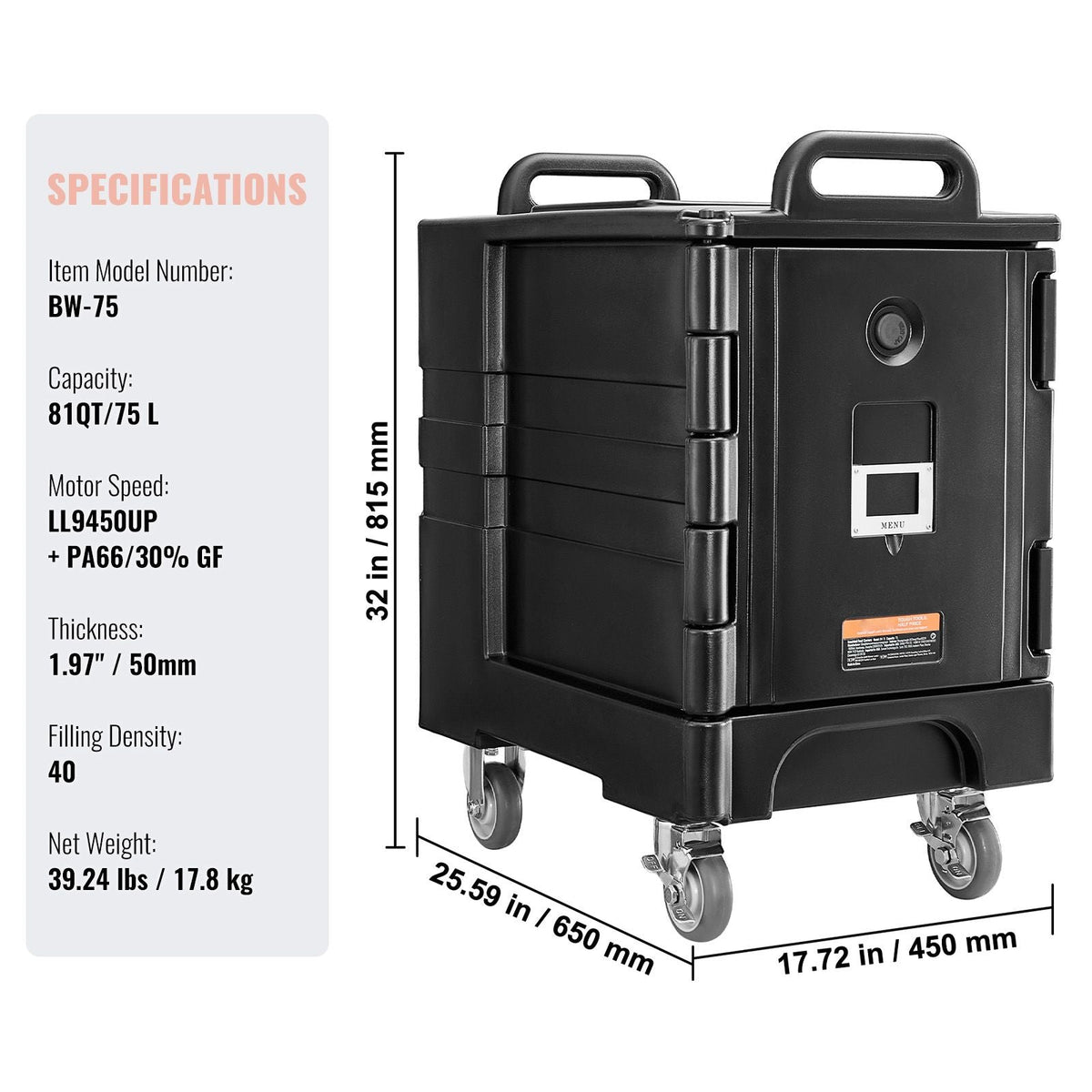 Insulated Food Pan Carrier, 81 Qt Hot Box for Catering, Food Box Carrier with Double Buckles, Front Loading Food Warmer with Handles, Stackable End Loader with Wheels for Restaurant, Canteen