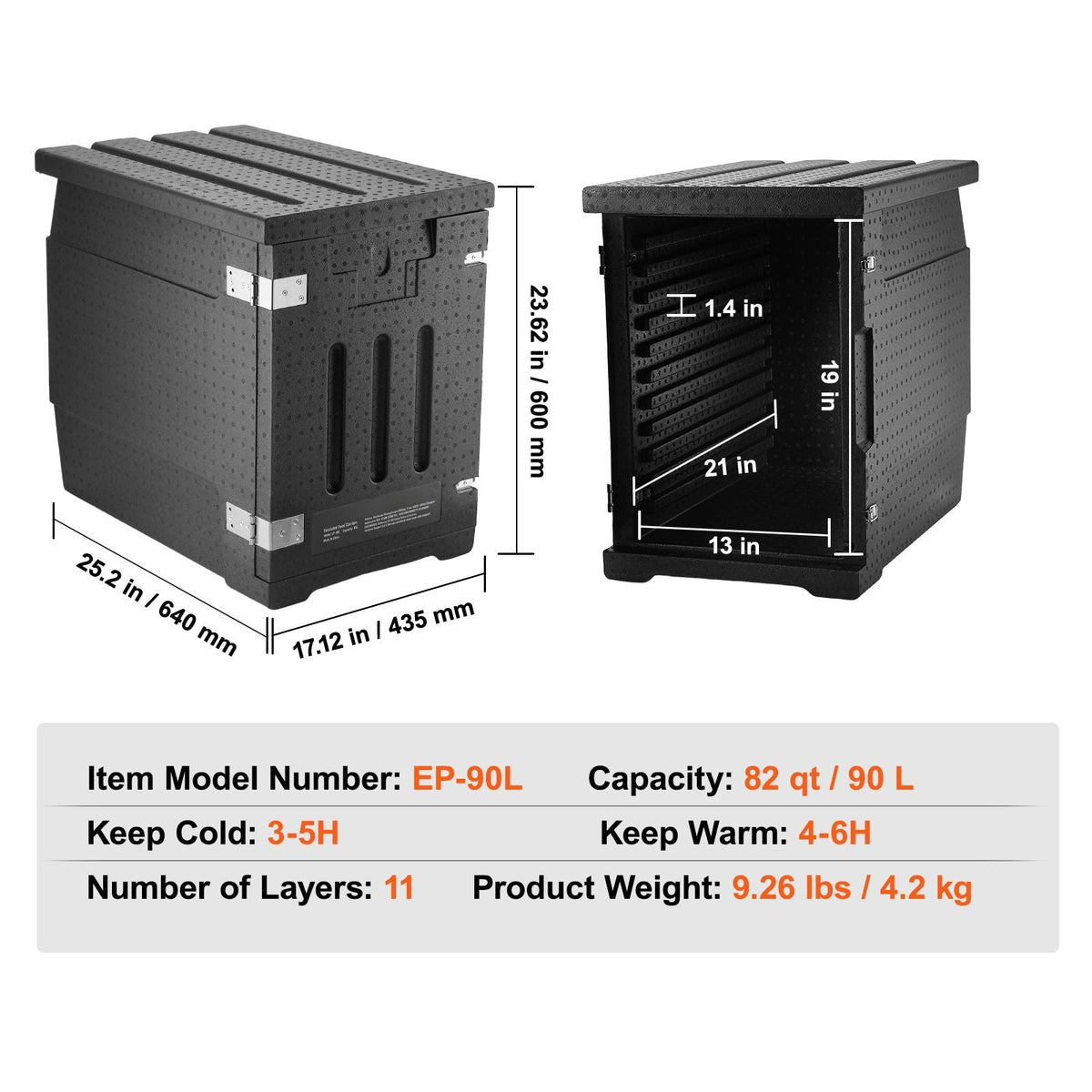 Insulated Food Pan Carrier, 82 Qt Hot Box for Catering, LLDPE Food Box Carrier with Double Buckles, Front Loading Food Warmer for Restaurant, Canteen, etc.