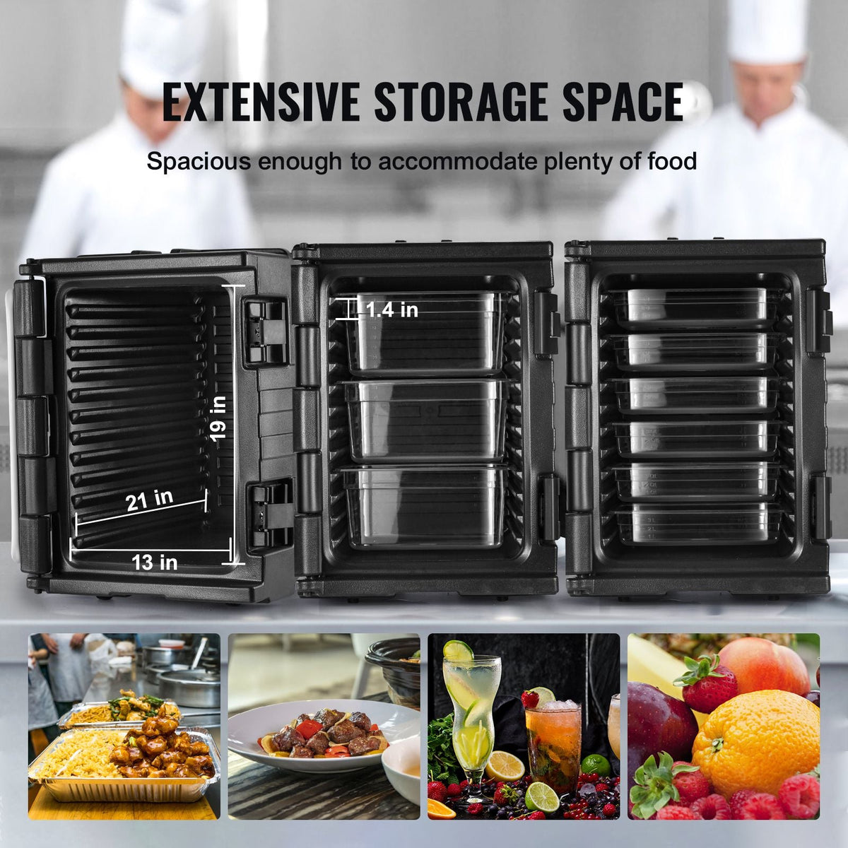Insulated Food Pan Carrier, 82 Qt Hot Box for Catering, LLDPE Food Box Carrier with Double Buckles, Front Loading Food Warmer with Handles, Stackable End Loader for Restaurant, Canteen, etc. Bla