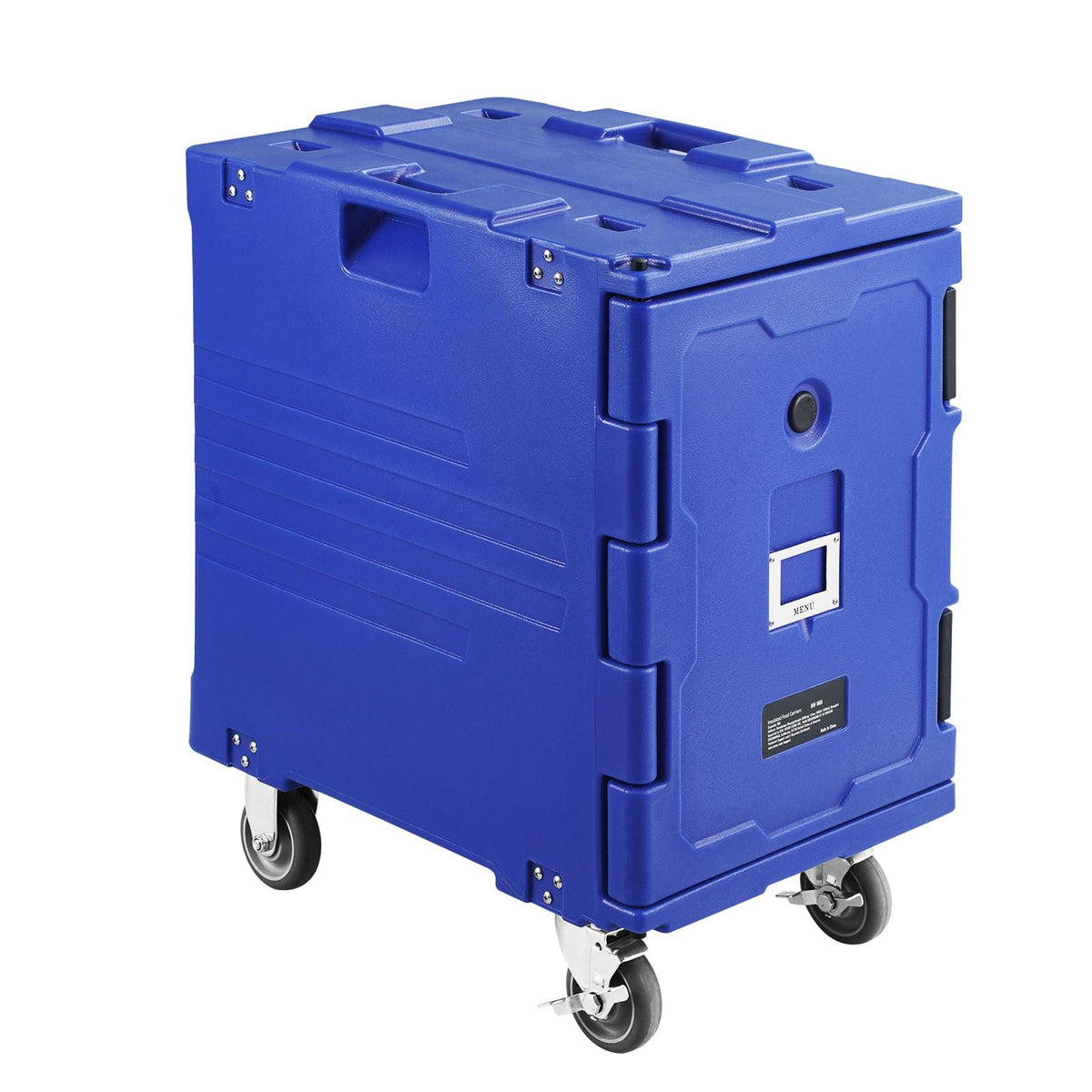 Insulated Food Pan Carrier, 82 Qt Hot Box for Catering, LLDPE Food Box Carrier w/One-Piece Buckle, Front Loading Food Warmer w/Handles, End Loader w/Wheels for Restaurant, Canteen, etc. Blue