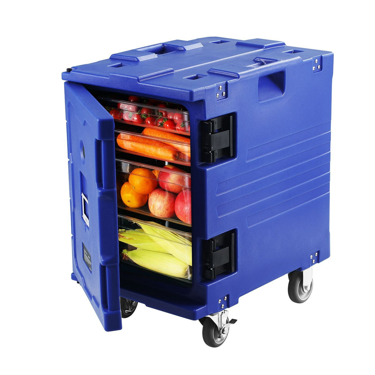 Insulated Food Pan Carrier, 82 Qt Hot Box for Catering, LLDPE Food Box Carrier w/One-Piece Buckle, Front Loading Food Warmer w/Handles, End Loader w/Wheels for Restaurant, Canteen, etc. Blue