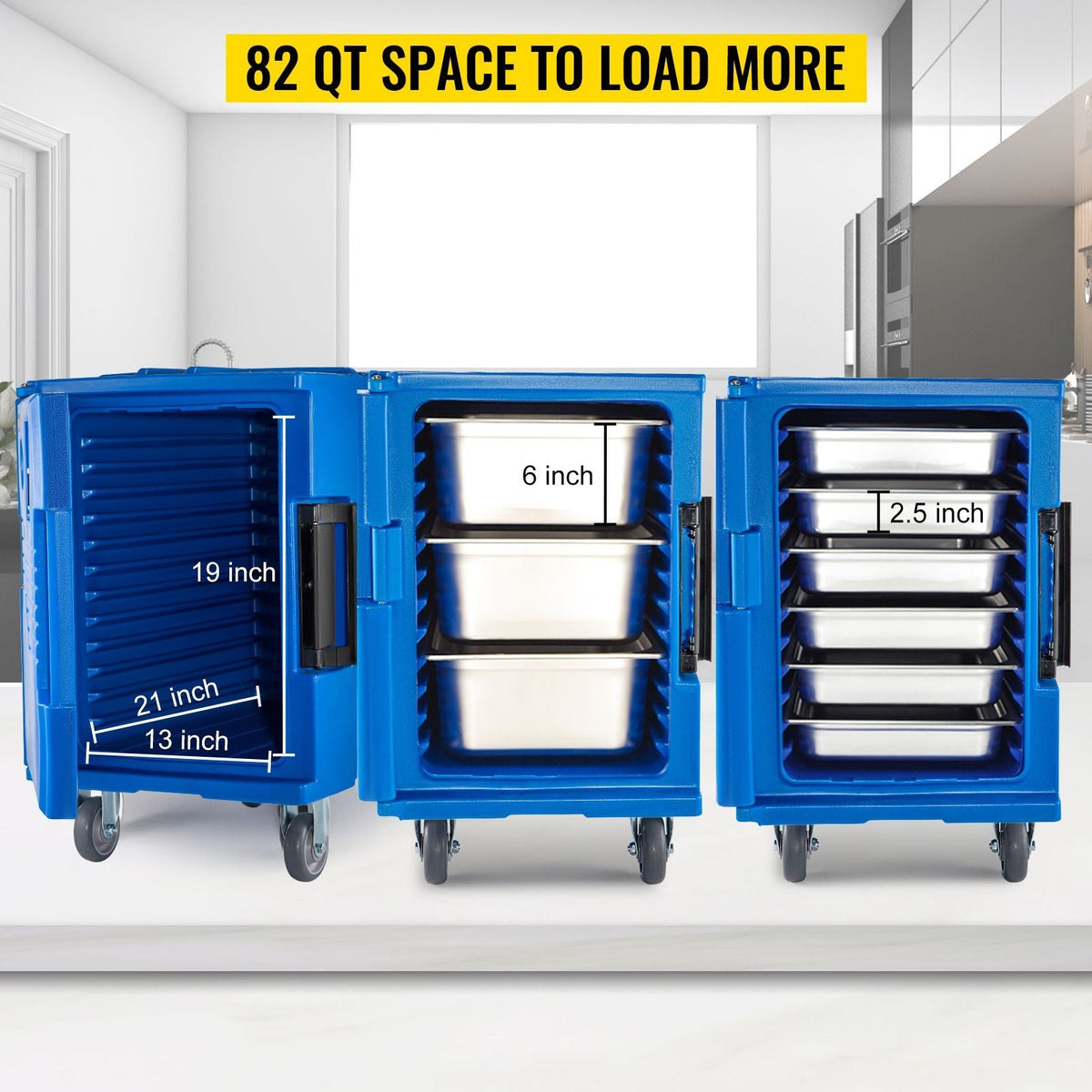 Insulated Food Pan Carrier, 82 Qt Hot Box for Catering, LLDPE Food Box Carrier w/One-Piece Buckle, Front Loading Food Warmer w/Handles, End Loader w/Wheels for Restaurant, Canteen, etc. Blue