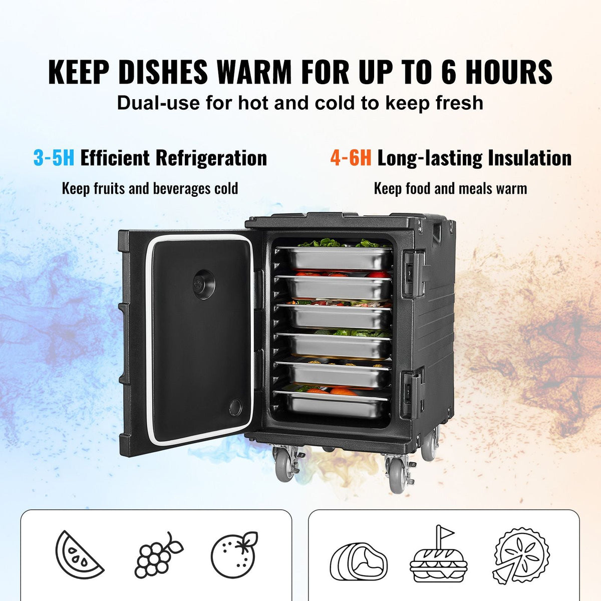 Insulated Food Pan Carrier, 95 Qt Hot Box for Catering, Food Box Carrier with Buckle, Front Loading Food Warmer with Handles, End Loader with Wheels for Restaurant, Canteen