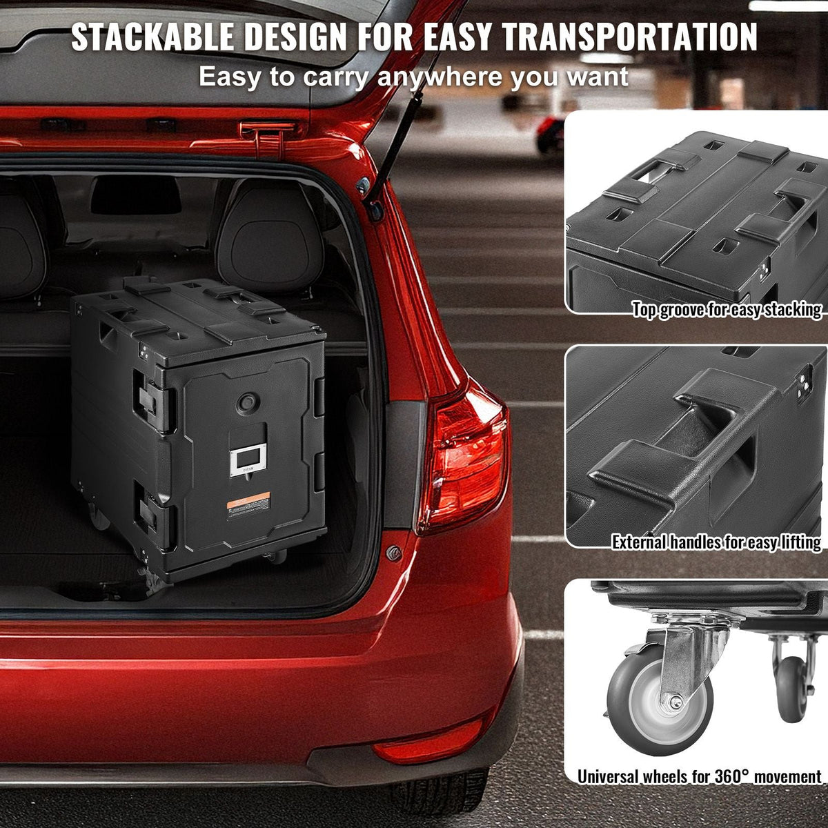 Insulated Food Pan Carrier, 95 Qt Hot Box for Catering, Food Box Carrier with Buckle, Front Loading Food Warmer with Handles, End Loader with Wheels for Restaurant, Canteen