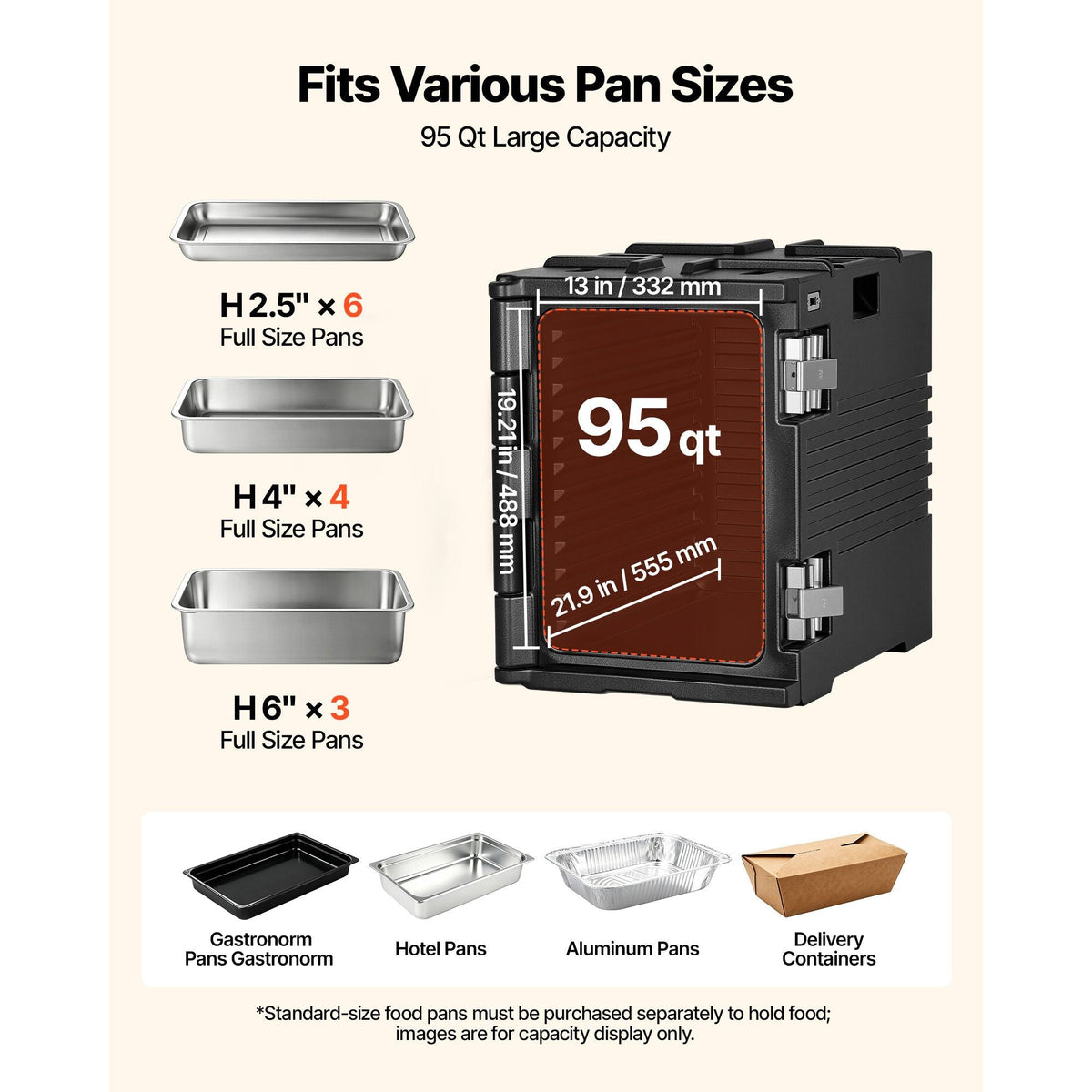 Insulated Food Pan Carrier, 95 Qt Non-Electrical Food Warmer, with Wheel & 304 Stainless Steel Latch, LLDPE Stackable Hot Box, for Various Pan Sizes(NOT Included), Fit Catering BBQ Event(Black)
