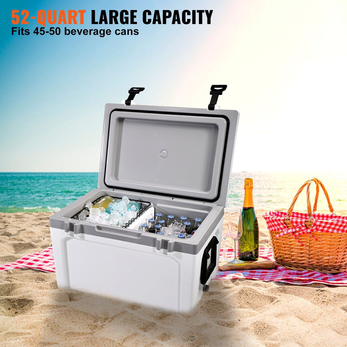 Insulated Portable Cooler, 52 qt, Holds 50 Cans, Ice Retention Hard Cooler with Heavy Duty Handle, Ice Chest Lunch Box for Camping, Beach, Picnic, Travel, Outdoor, Keeps Ice for up to 6 Days