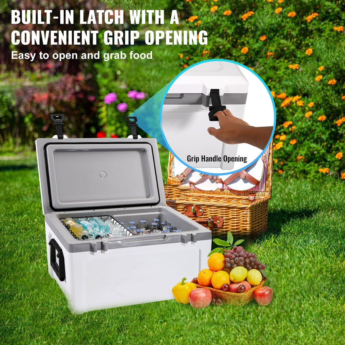 Insulated Portable Cooler, 52 qt, Holds 50 Cans, Ice Retention Hard Cooler with Heavy Duty Handle, Ice Chest Lunch Box for Camping, Beach, Picnic, Travel, Outdoor, Keeps Ice for up to 6 Days