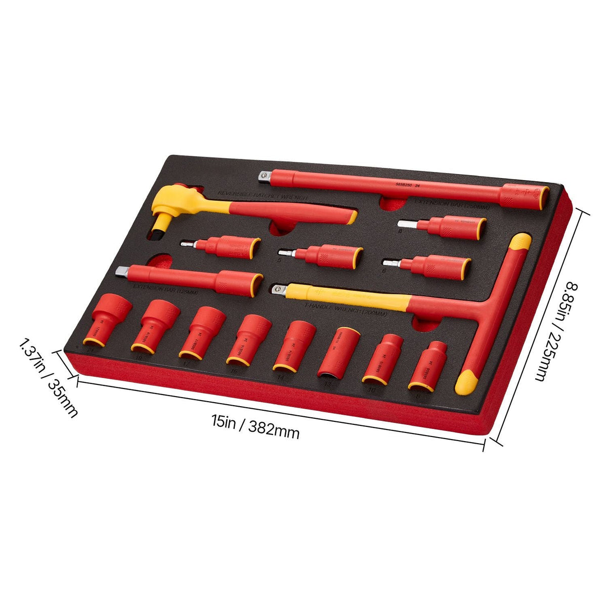 Insulated Socket Set, 16-Piece Insulated Wrench Tool Set, 1000V Insulated Socket Tool, with Insulated Sockets, Insulated T-Handle Wrench, Drive Rachet, Extensions, for Electricians Home Repair