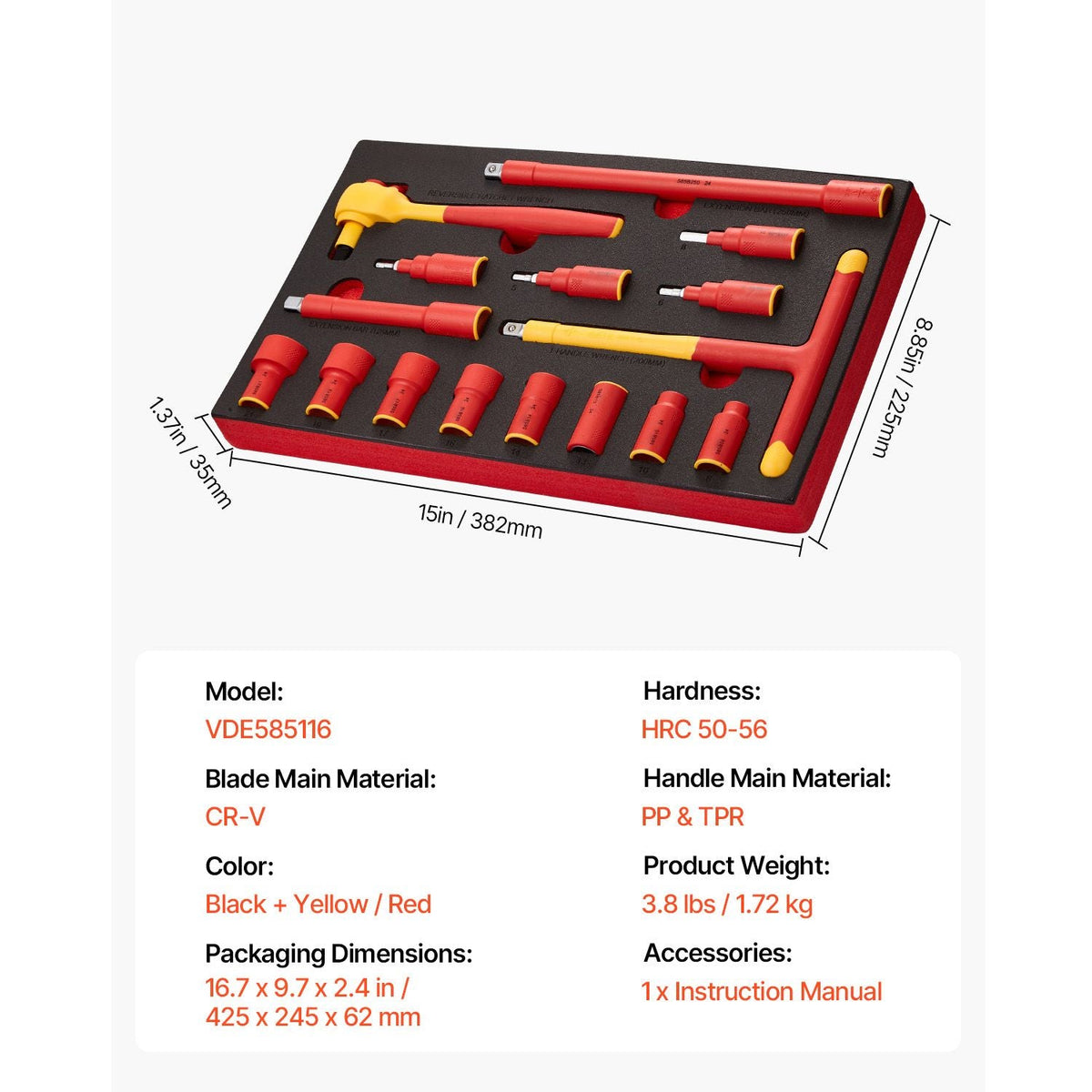 Insulated Socket Set, 16-Piece Insulated Wrench Tool Set, 1000V Insulated Socket Tool, with Insulated Sockets, Insulated T-Handle Wrench, Drive Rachet, Extensions, for Electricians Home Repair