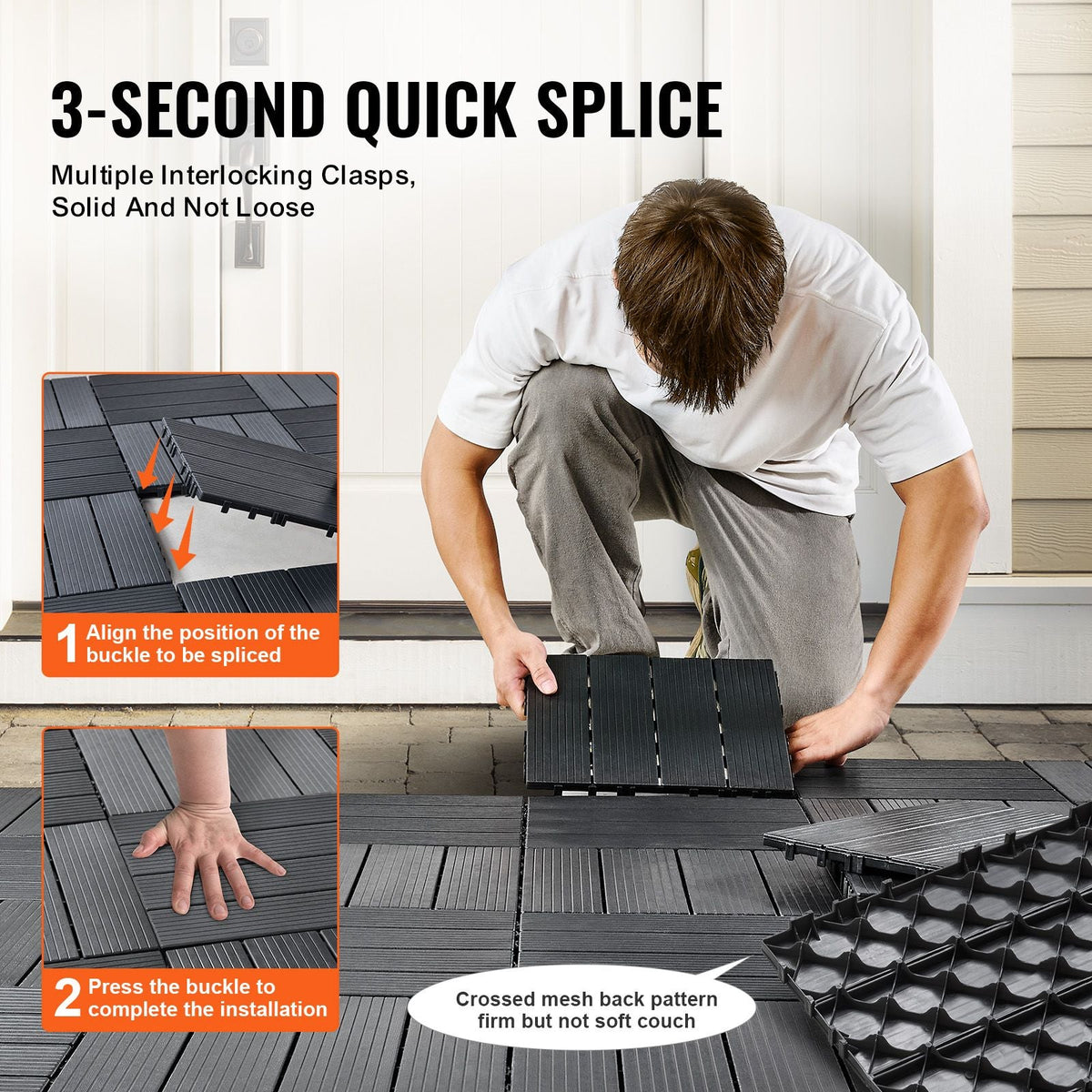 Interlocking Deck Tiles, 10 Pack,12"x12" 10 sq. ft Plastic Waterproof Outdoor Flooring All Weather Use, Patio Floor Decking Covering Tiles for Porch Poolside Balcony Backyard, Dark Grey