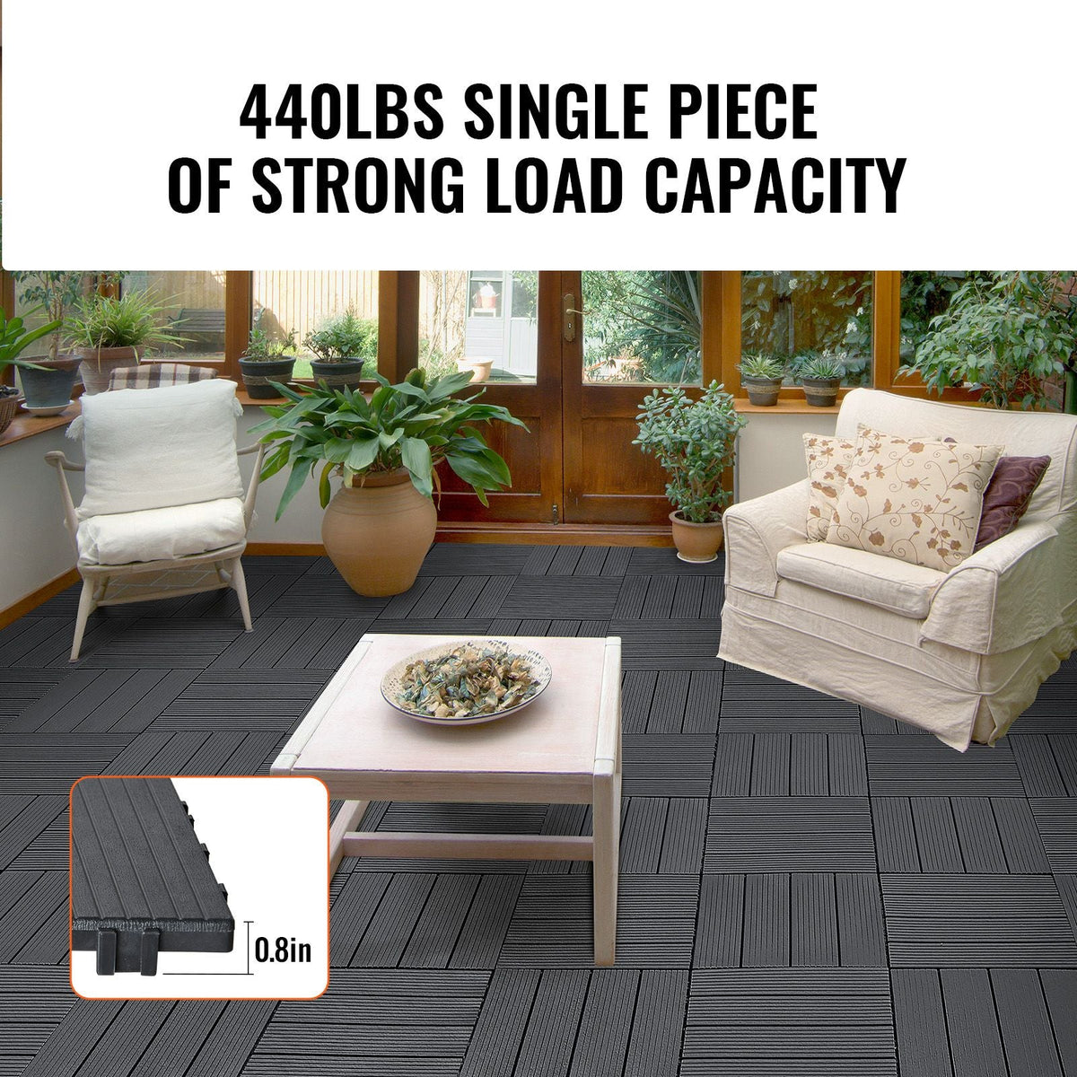 Interlocking Deck Tiles, 10 Pack,12"x12" 10 sq. ft Plastic Waterproof Outdoor Flooring All Weather Use, Patio Floor Decking Covering Tiles for Porch Poolside Balcony Backyard, Dark Grey