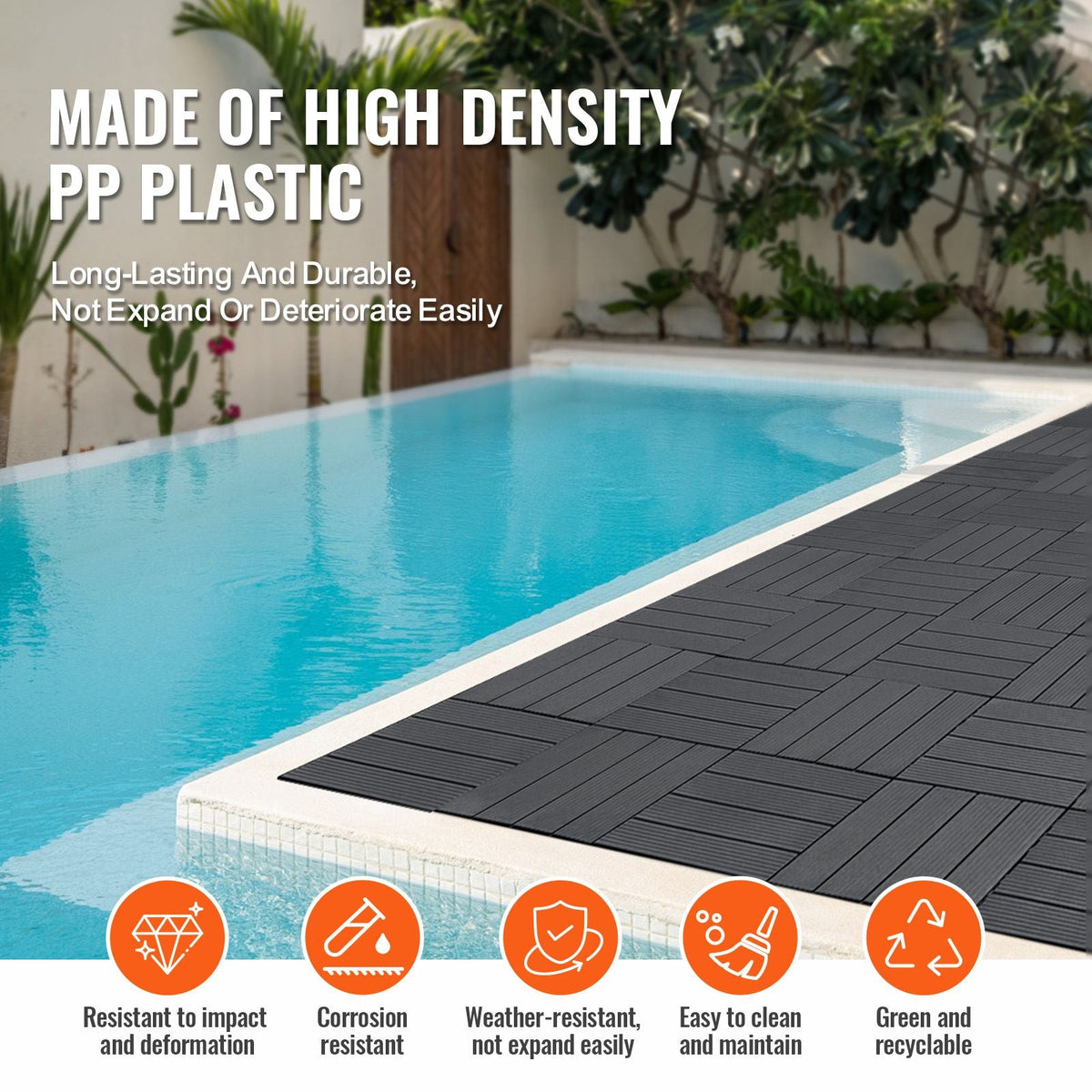 Interlocking Deck Tiles, 10 Pack,12"x12" 10 sq. ft Plastic Waterproof Outdoor Flooring All Weather Use, Patio Floor Decking Covering Tiles for Porch Poolside Balcony Backyard, Dark Grey