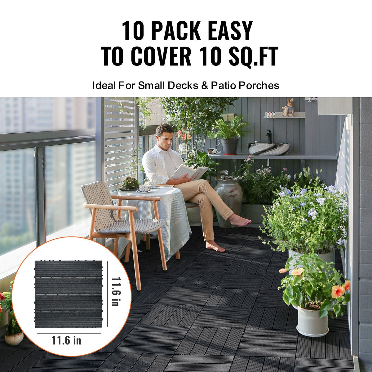 Interlocking Deck Tiles, 10 Pack,12"x12" 10 sq. ft Plastic Waterproof Outdoor Flooring All Weather Use, Patio Floor Decking Covering Tiles for Porch Poolside Balcony Backyard, Dark Grey