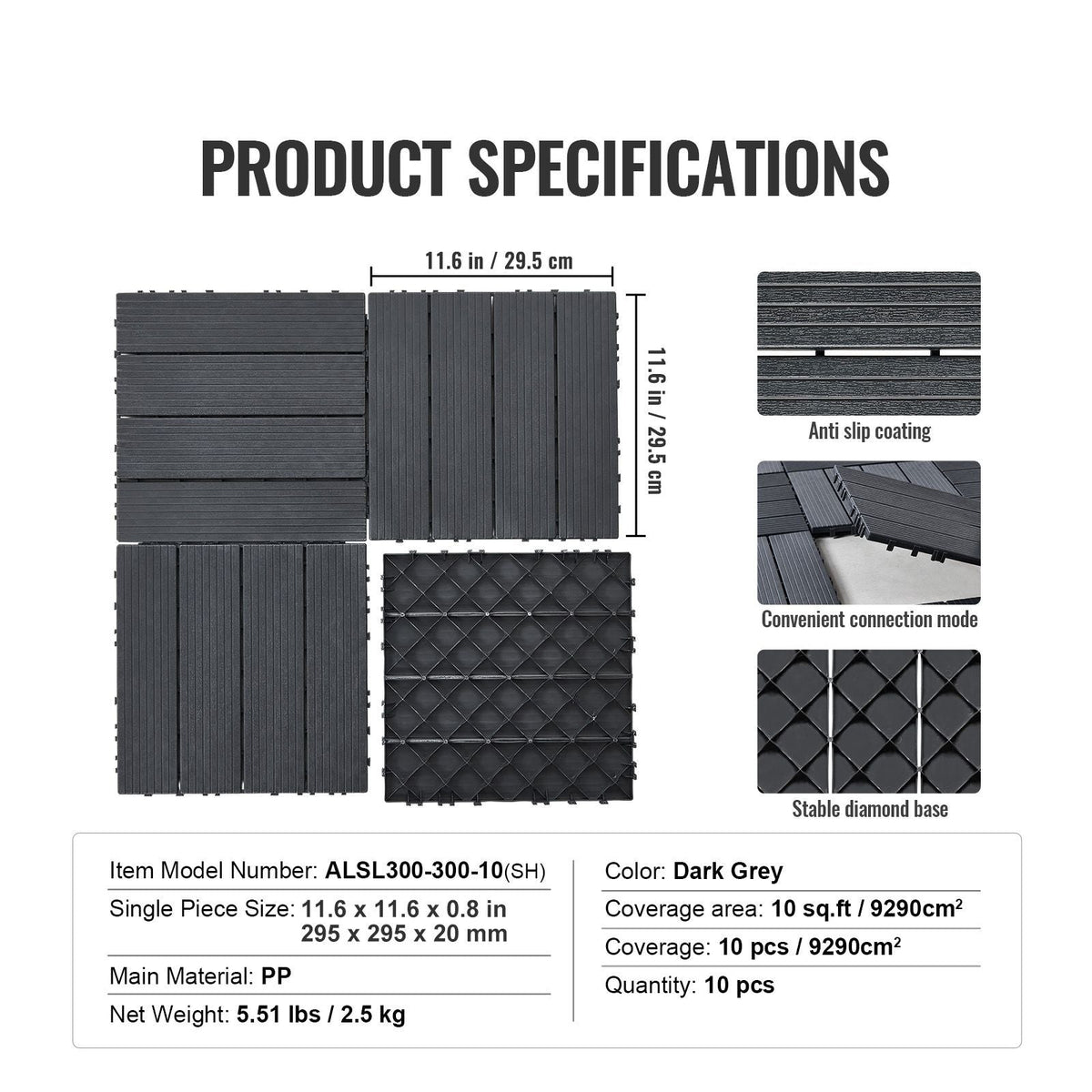 Interlocking Deck Tiles, 10 Pack,12"x12" 10 sq. ft Plastic Waterproof Outdoor Flooring All Weather Use, Patio Floor Decking Covering Tiles for Porch Poolside Balcony Backyard, Dark Grey