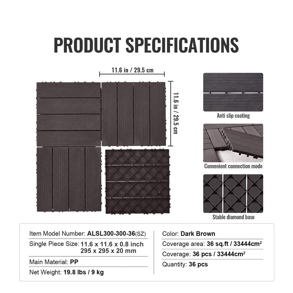 Interlocking Deck Tiles, 36 Pack,11.6"x11.6" 36 sq. ft Plastic Waterproof Outdoor Flooring All Weather Use, Patio Floor Decking Covering Tiles for Porch Poolside Balcony Backyard, Dark Brown
