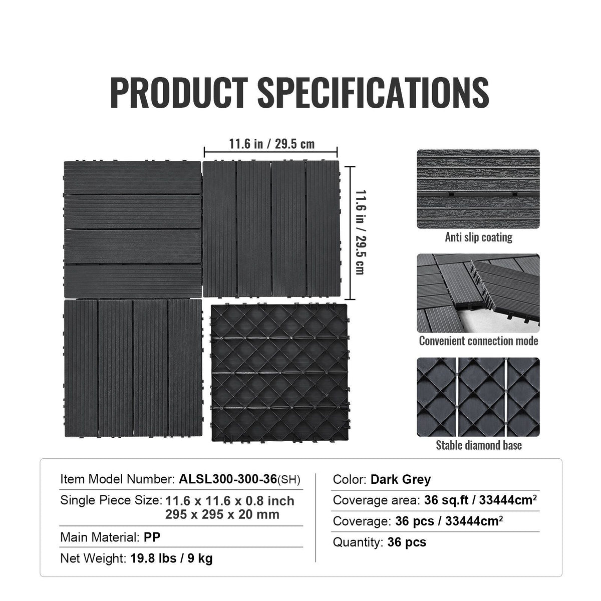 Interlocking Deck Tiles, 36 Pack,11.6"x11.6" 36 sq. ft Plastic Waterproof Outdoor Flooring All Weather Use, Patio Floor Decking Covering Tiles for Porch Poolside Balcony Backyard, Dark Grey