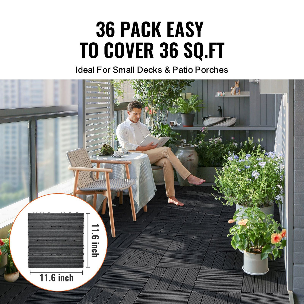 Interlocking Deck Tiles, 36 Pack,11.6"x11.6" 36 sq. ft Plastic Waterproof Outdoor Flooring All Weather Use, Patio Floor Decking Covering Tiles for Porch Poolside Balcony Backyard, Dark Grey