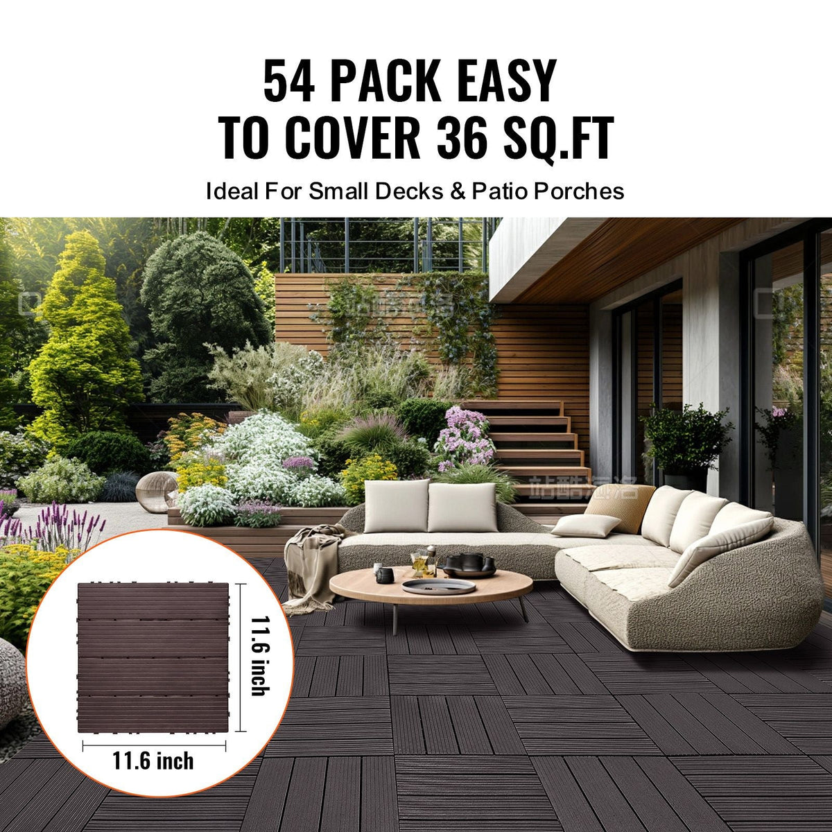 Interlocking Deck Tiles, 54 Pack,12"x12" 54 sq. ft Plastic Waterproof Outdoor Flooring All Weather Use, Patio Floor Decking Covering Tiles for Porch Poolside Balcony Backyard, Dark Brown