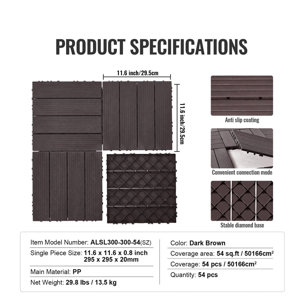 Interlocking Deck Tiles, 54 Pack,12"x12" 54 sq. ft Plastic Waterproof Outdoor Flooring All Weather Use, Patio Floor Decking Covering Tiles for Porch Poolside Balcony Backyard, Dark Brown