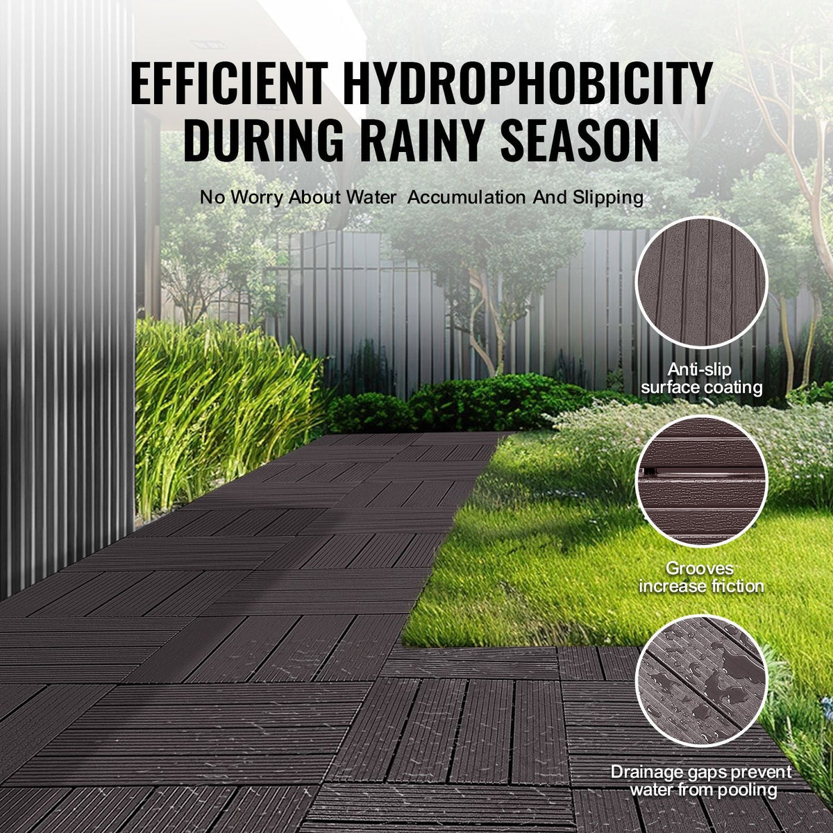 Interlocking Deck Tiles, 54 Pack,12"x12" 54 sq. ft Plastic Waterproof Outdoor Flooring All Weather Use, Patio Floor Decking Covering Tiles for Porch Poolside Balcony Backyard, Dark Brown