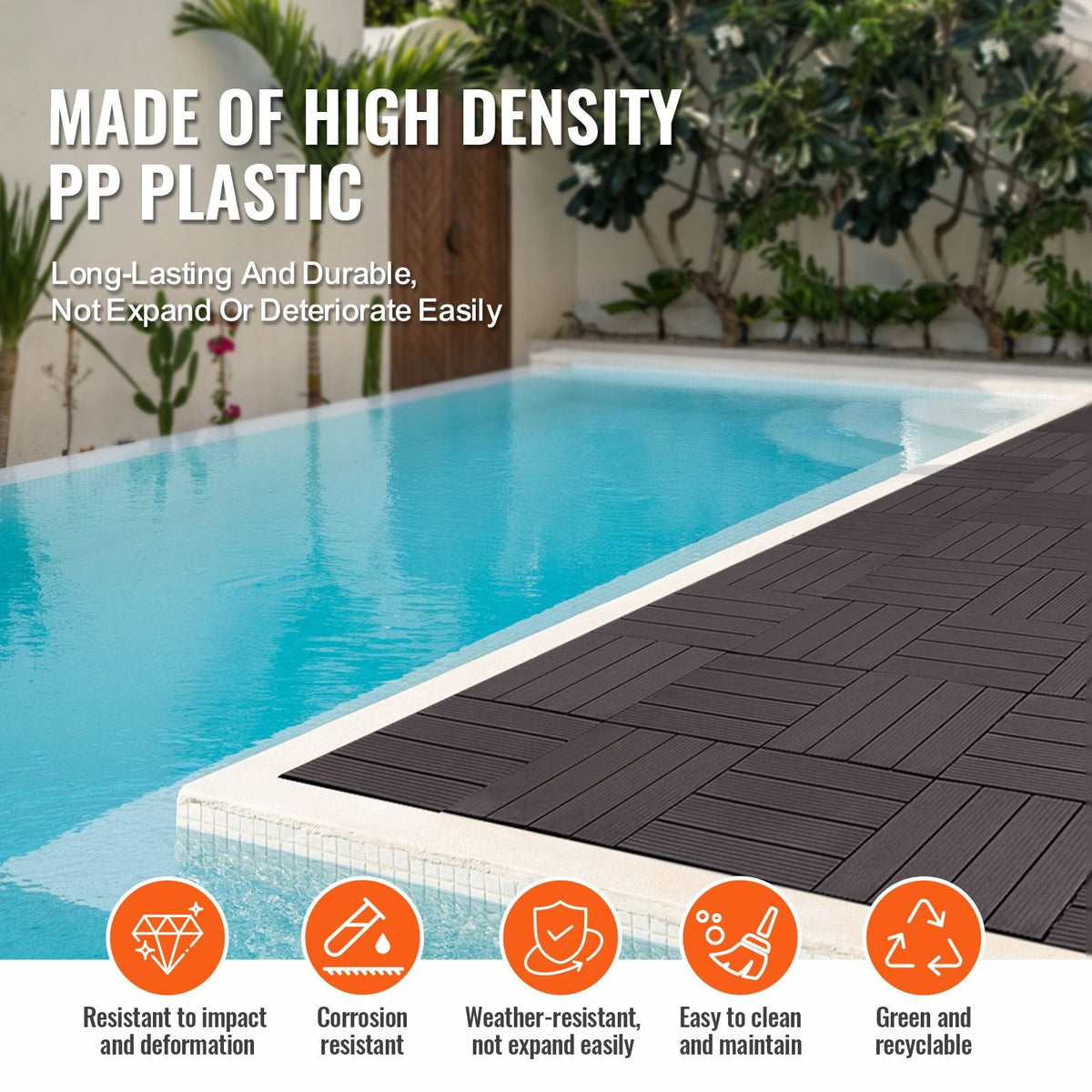 Interlocking Deck Tiles, 54 Pack,12"x12" 54 sq. ft Plastic Waterproof Outdoor Flooring All Weather Use, Patio Floor Decking Covering Tiles for Porch Poolside Balcony Backyard, Dark Brown