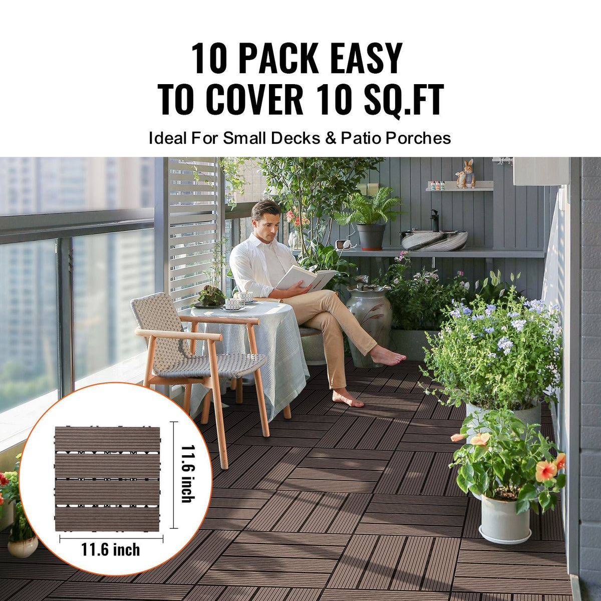 Interlocking Deck Tiles Plastic Wood, 27 Pack,12"x12" 27 sq. ft Waterproof Outdoor Flooring All Weather Use, Patio Floor Decking Covering Tiles for Porch Poolside Balcony Backyard, Dark Brown