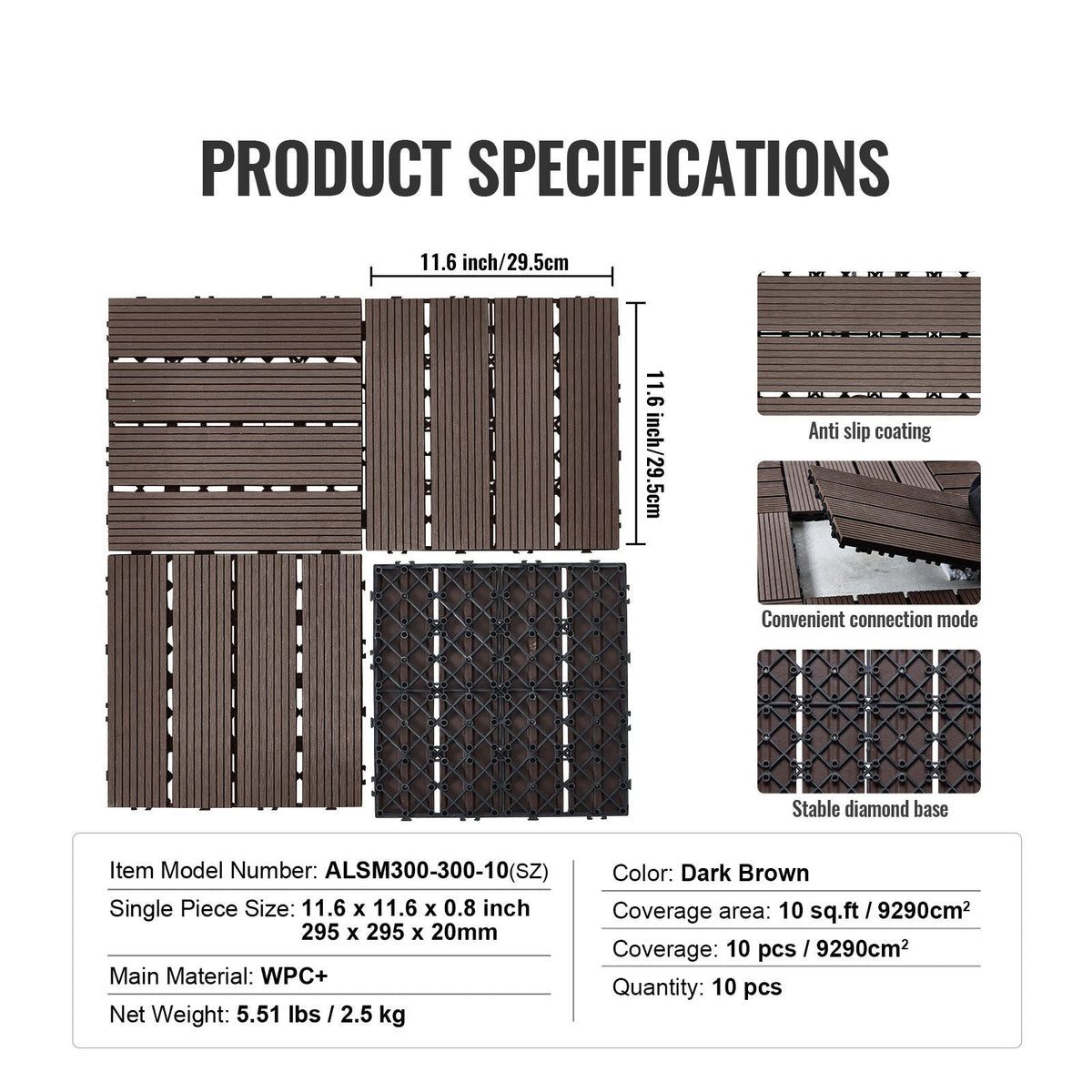Interlocking Deck Tiles Plastic Wood, 27 Pack,12"x12" 27 sq. ft Waterproof Outdoor Flooring All Weather Use, Patio Floor Decking Covering Tiles for Porch Poolside Balcony Backyard, Dark Brown