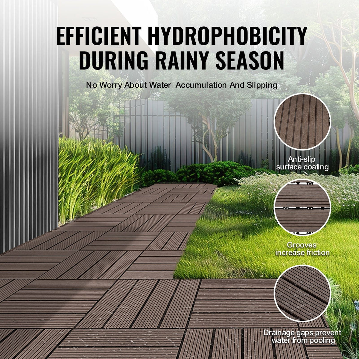 Interlocking Deck Tiles Plastic Wood, 27 Pack,12"x12" 27 sq. ft Waterproof Outdoor Flooring All Weather Use, Patio Floor Decking Covering Tiles for Porch Poolside Balcony Backyard, Dark Brown