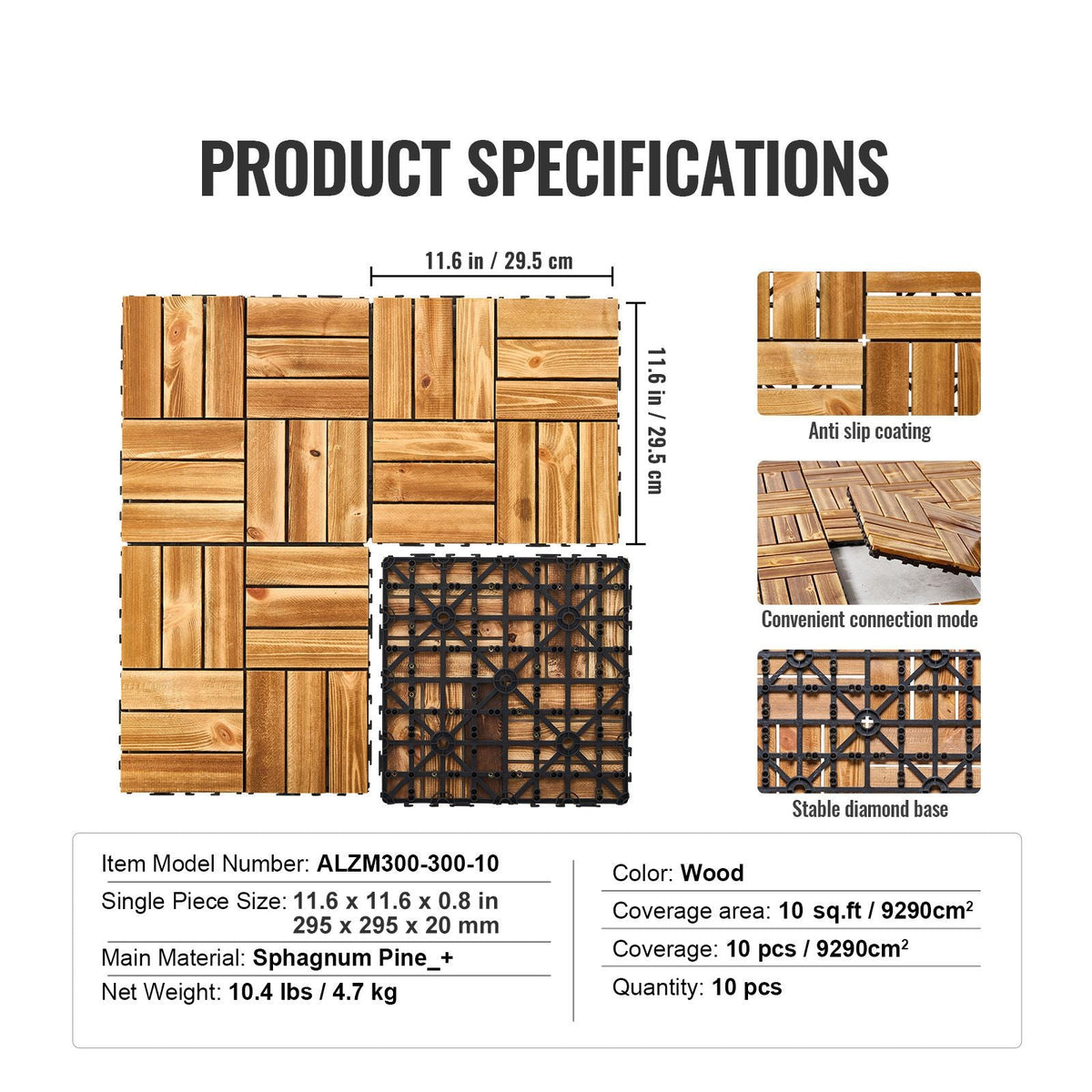 Interlocking Deck Tiles Solid Wood, 10 Pack,12"x12" Waterproof Camphor Pine Wood Flooring All Weather Use, Patio Floor Decking Covering Tiles for Porch Poolside Balcony Backyard, (Wooden)