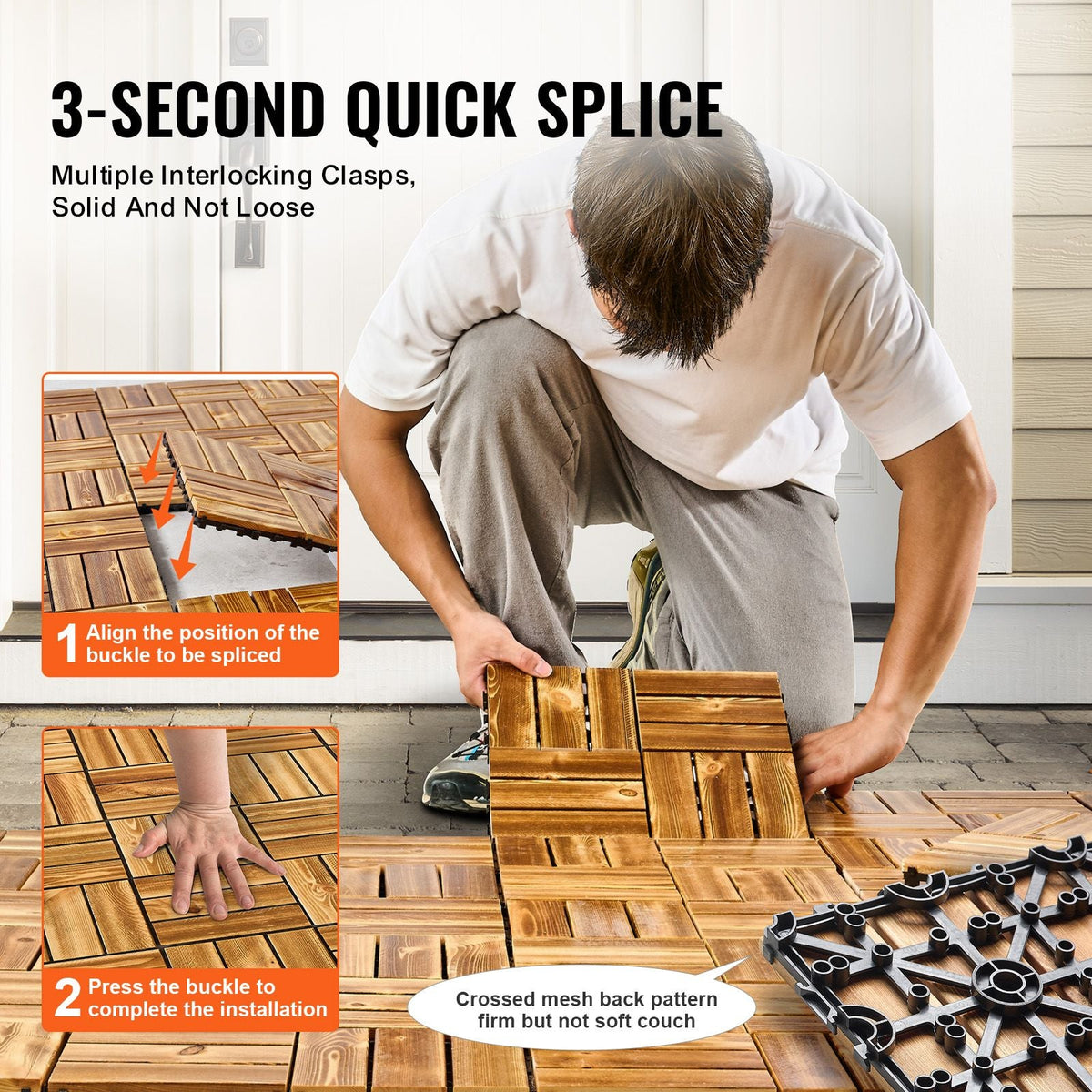 Interlocking Deck Tiles Solid Wood, 10 Pack,12"x12" Waterproof Camphor Pine Wood Flooring All Weather Use, Patio Floor Decking Covering Tiles for Porch Poolside Balcony Backyard, (Wooden)