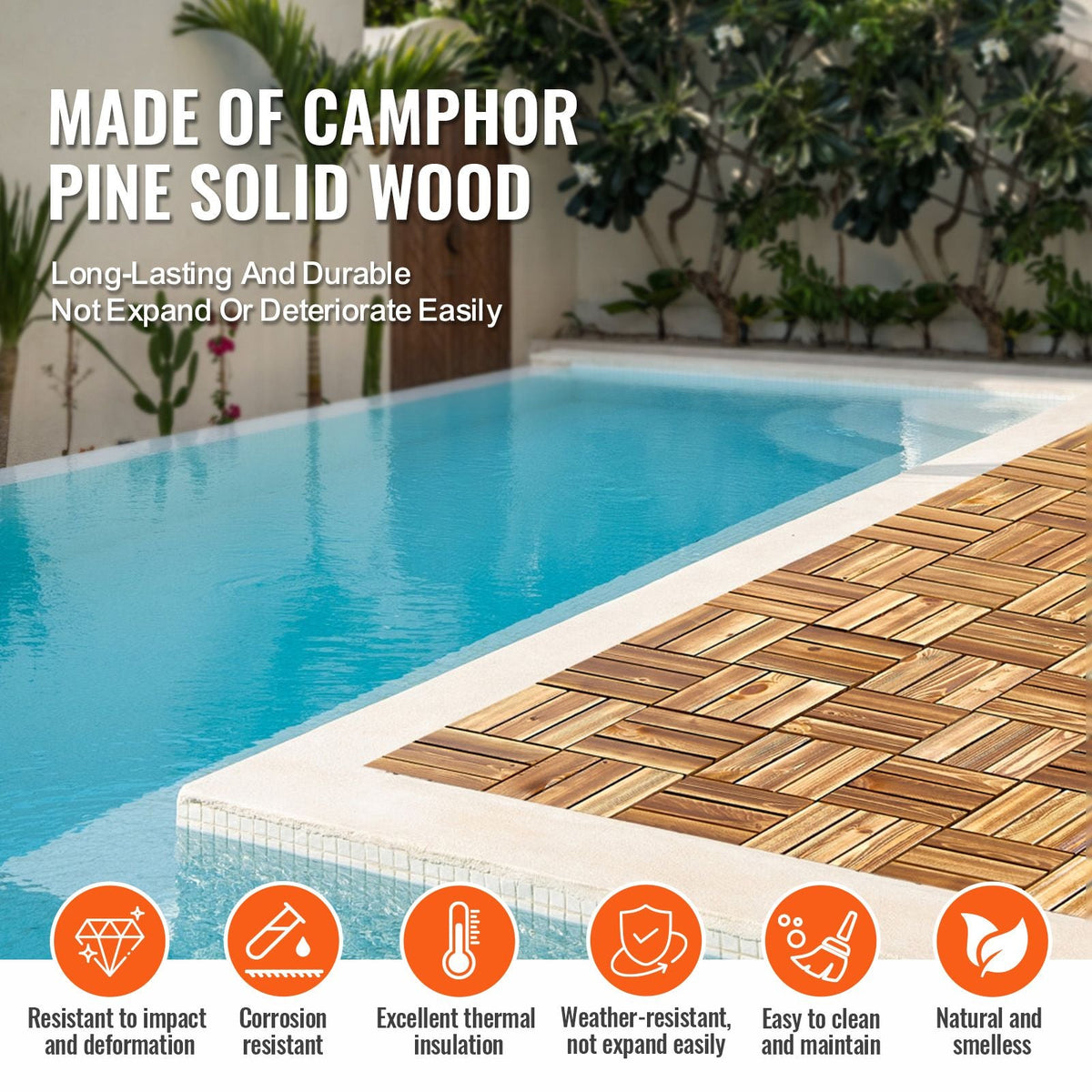 Interlocking Deck Tiles Solid Wood, 10 Pack,12"x12" Waterproof Camphor Pine Wood Flooring All Weather Use, Patio Floor Decking Covering Tiles for Porch Poolside Balcony Backyard, (Wooden)
