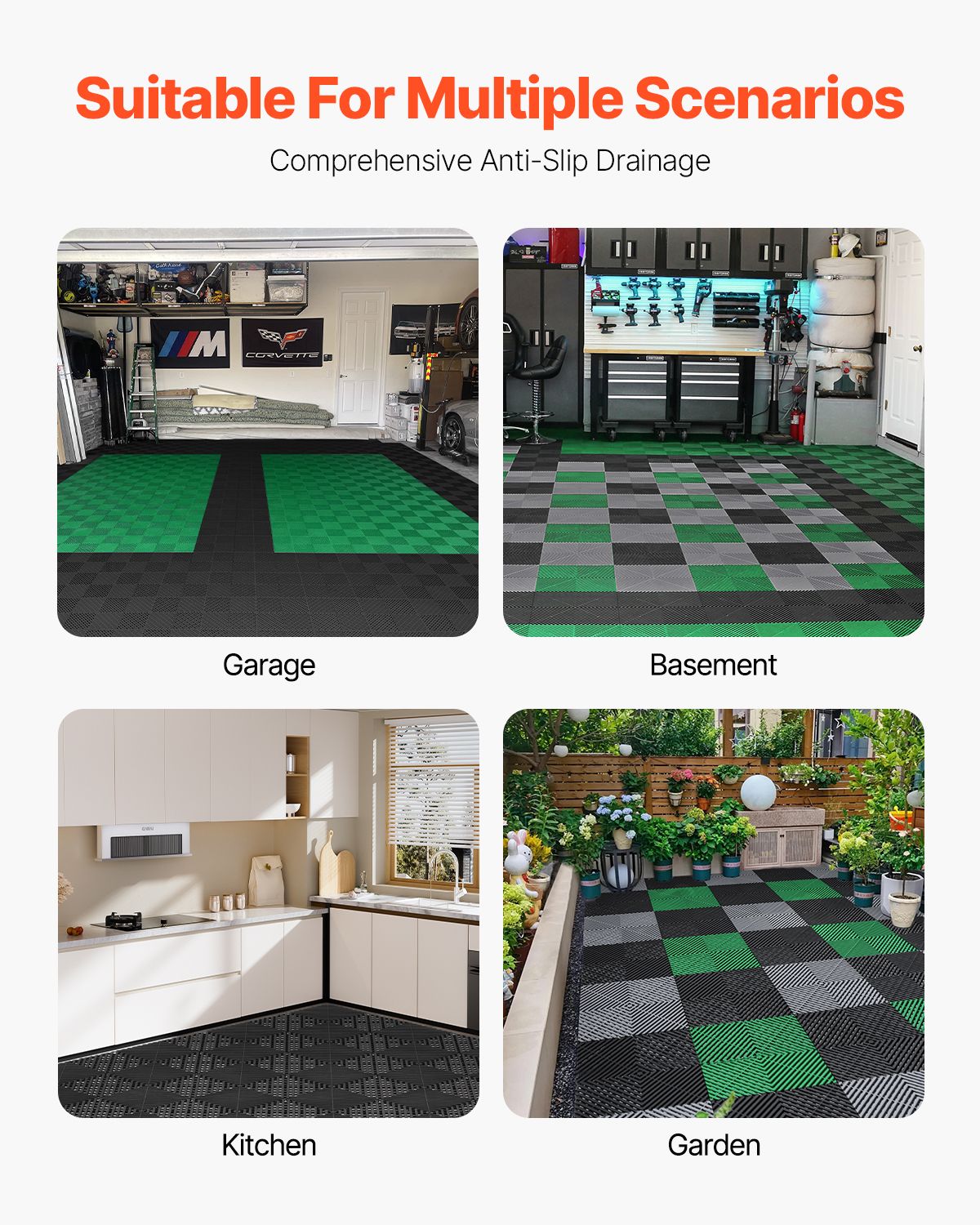 Interlocking Drainage Mat, 12' x 12' Modular Interlocking Cushion, 12 Pcs Splicing Drainage Mats, Non-Slip Black PP Drainage Floor Tile and Shower Mat, for Garage, Garden, Kitchen & Outdoor