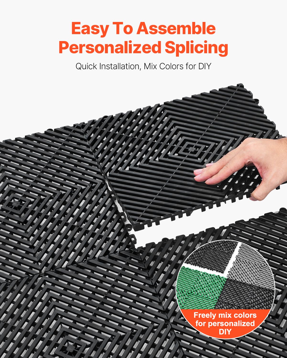 Interlocking Drainage Mat, 12' x 12' Modular Interlocking Cushion, 55 Pcs Splicing Drainage Mats, Non-Slip Black PP Drainage Floor Tile and Shower Mat, for Garage, Garden, Kitchen & Outdoor