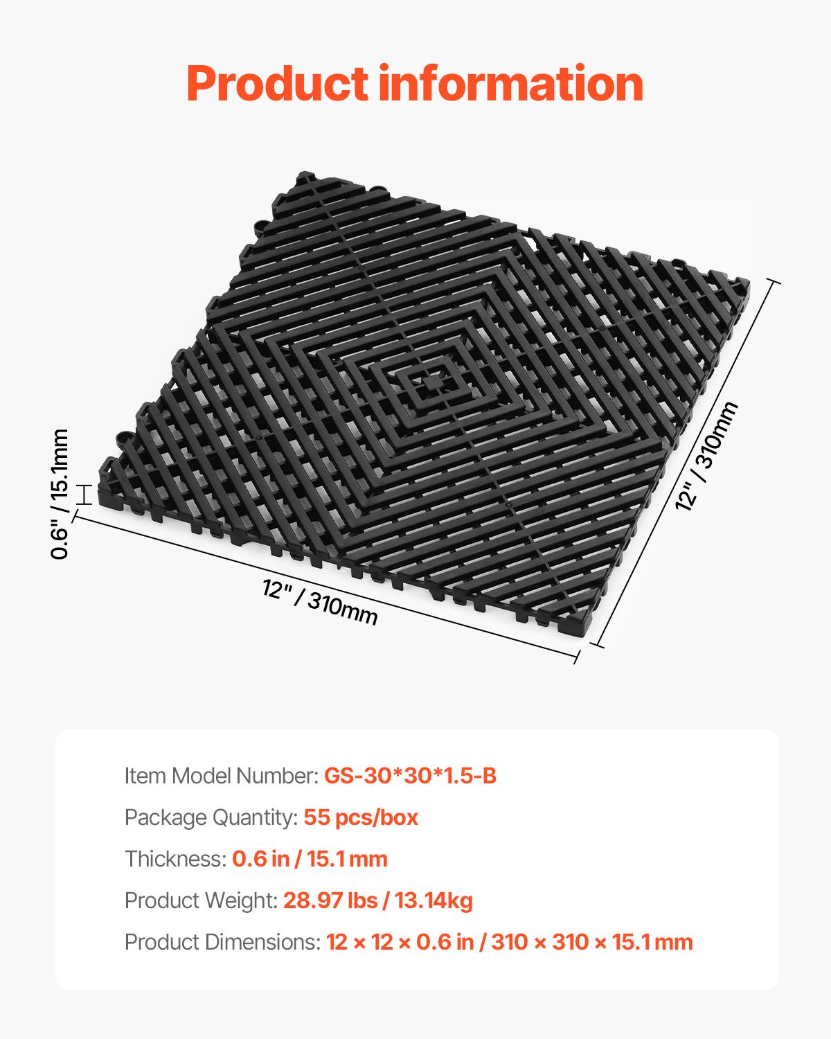 Interlocking Drainage Mat, 12' x 12' Modular Interlocking Cushion, 55 Pcs Splicing Drainage Mats, Non-Slip Black PP Drainage Floor Tile and Shower Mat, for Garage, Garden, Kitchen & Outdoor