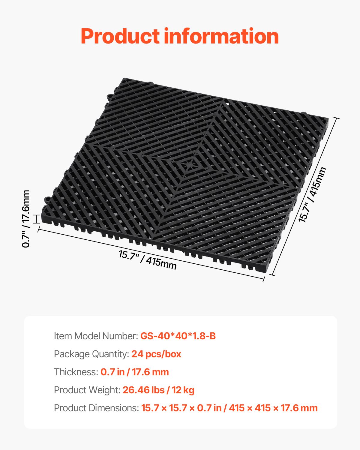 Interlocking Drainage Mat, 15.7' x 15.7' Modular Interlocking Cushion, 24 Pcs Splicing Drainage Mats, Non-Slip Black PP Drainage Floor Tile and Shower Mat, for Garage, Garden, Kitchen & Outdoor