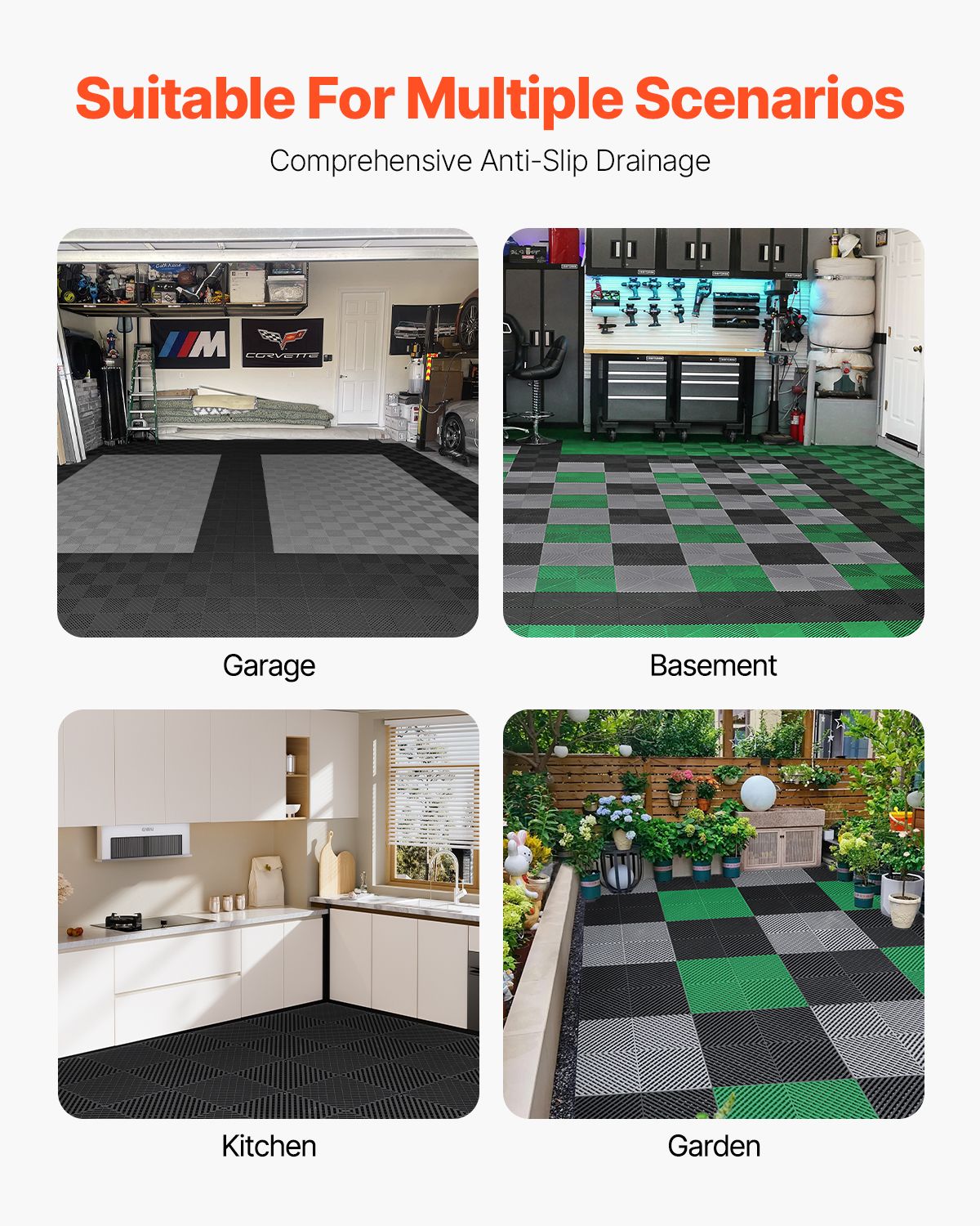 Interlocking Drainage Mat, 15.7' x 15.7' Modular Interlocking Cushion, 24 Pcs Splicing Drainage Mats, Non-Slip Black PP Drainage Floor Tile and Shower Mat, for Garage, Garden, Kitchen & Outdoor