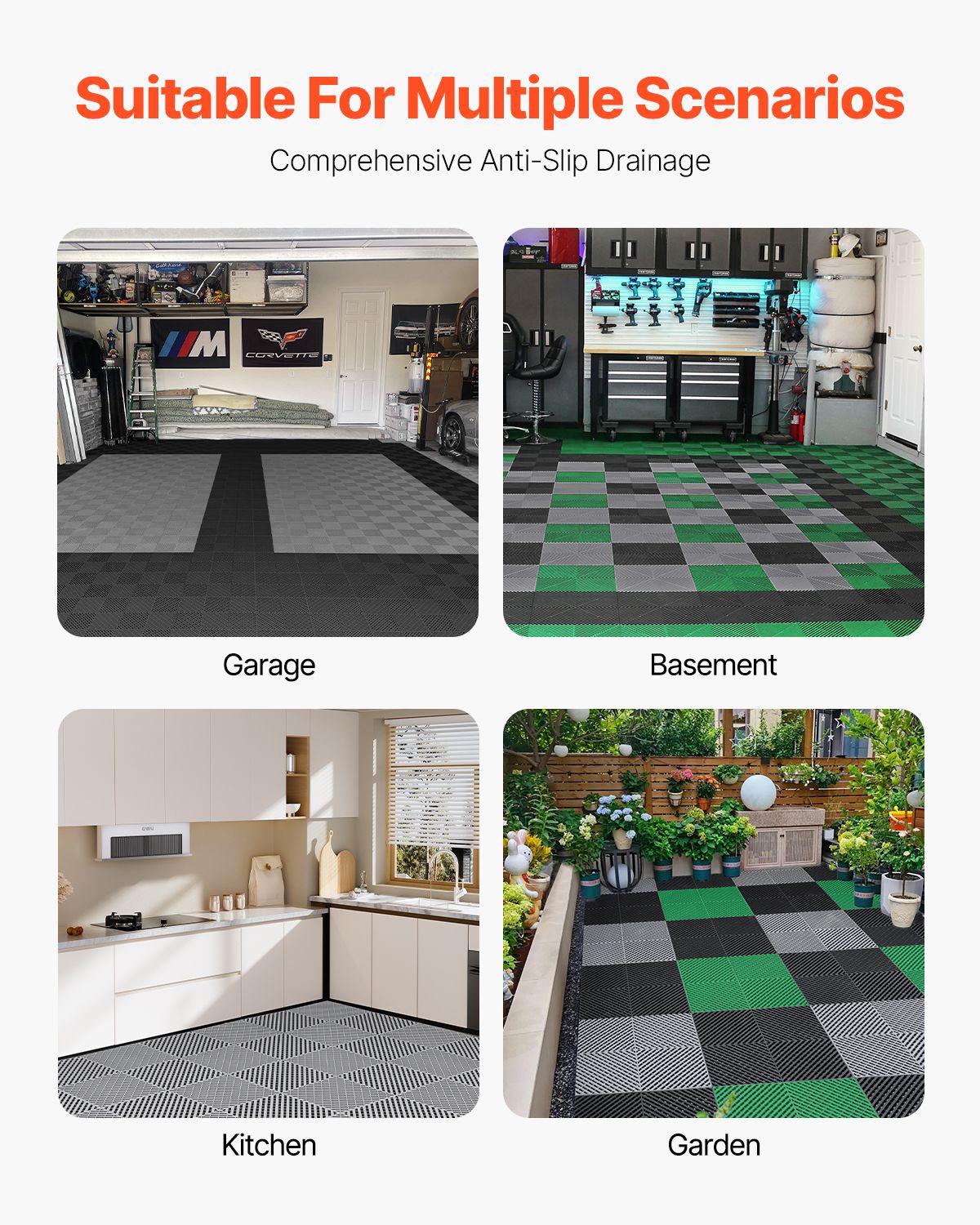 Interlocking Drainage Mat, 15.7' x 15.7' Modular Interlocking Cushion, 24 Pcs Splicing Drainage Mats, Non-Slip Gray PP Drainage Floor Tile and Shower Mat, for Garage, Garden, Kitchen & Outdoor